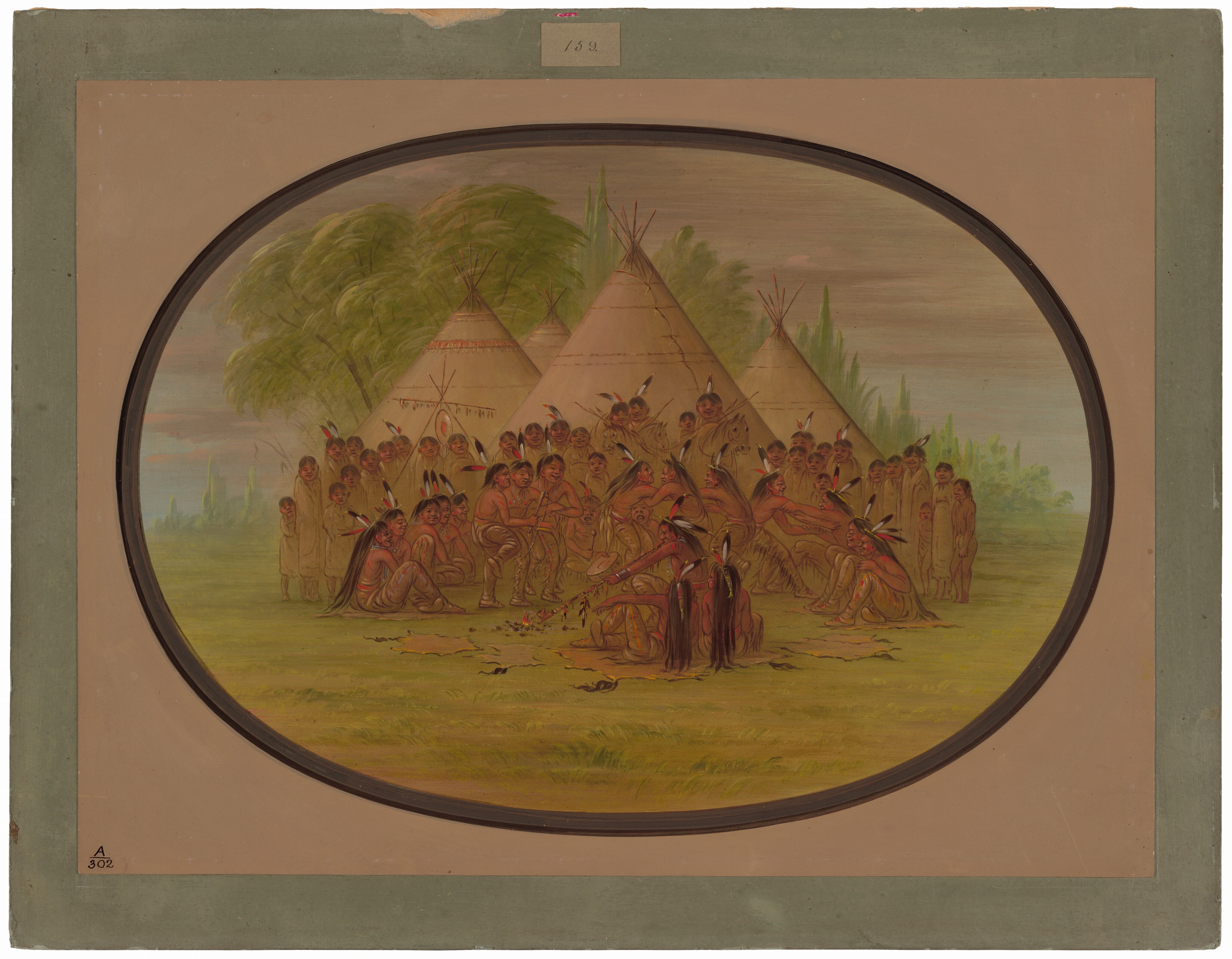 This is a painting of a gathering of indigenous people among teepees. In the painting, a group of individuals encircle a central activity near several conical tents. The scene is set in a grassy open area with green foliage and trees in the background. The individuals are adorned in traditional attire with headdresses, and they appear to be engaged in a communal or ceremonial gathering. The atmosphere is calm and depicts a sense of community and tradition. This is in the style of George Catlin, known for his paintings of Native American life.