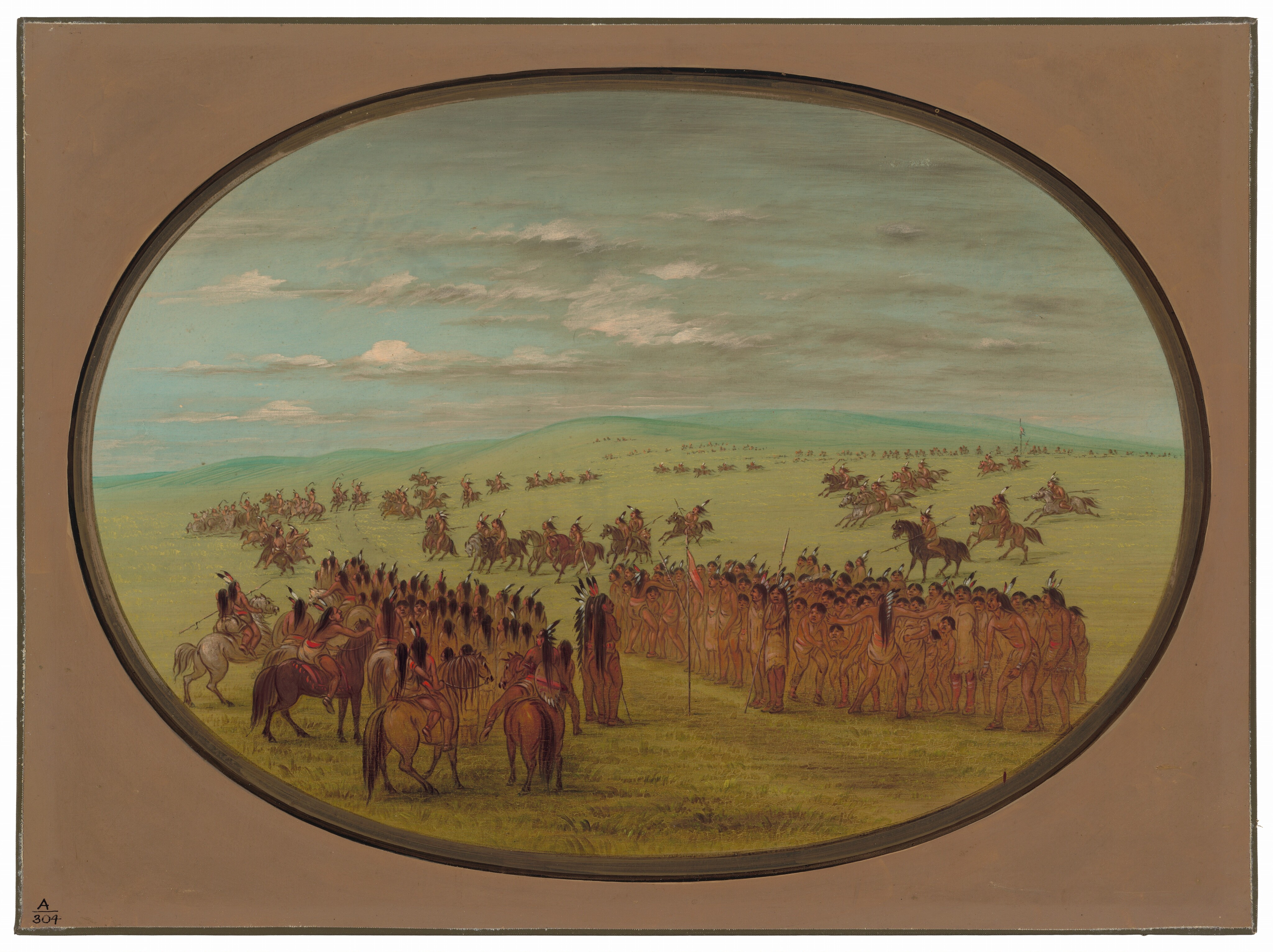 The image displays a gathering of Native Americans. A large group of people are gathered, some on horseback, with others standing in a circle. There are more riders spread across the landscape in the distance. The horizon is flat and uninterrupted, balancing the composition. The sky above shows soft, horizontal strokes with gentle cloud formations. The color palette is warm and earthy, dominated by shades of green in the grass and light blue in the sky, along with natural tones in the people's clothing.