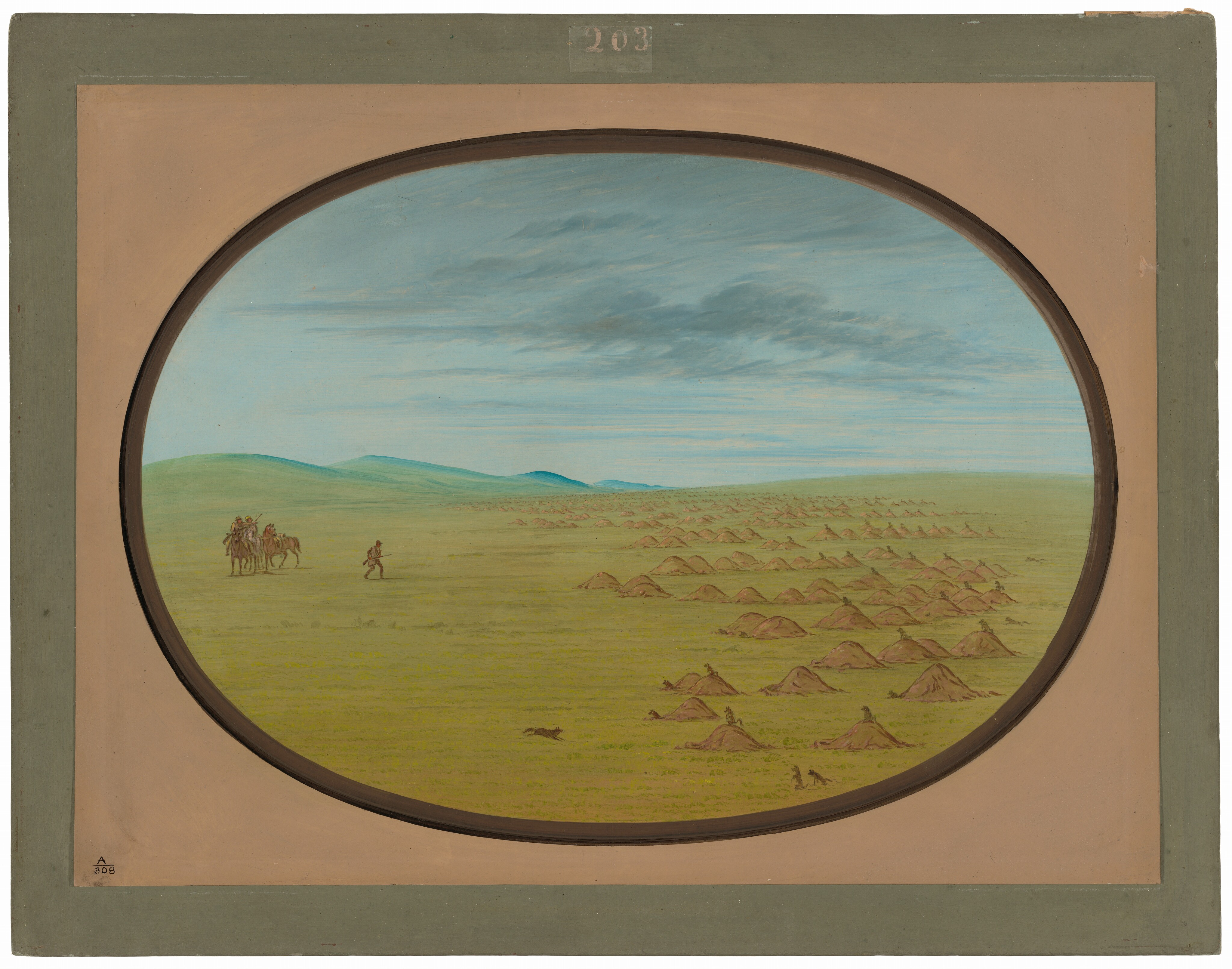 The image shows a landscape view of vast plains with small mounds of earth, a high horizon, greenish-yellow grassy land, light blue mountains, a sky with pale blue and soft gray clouds, meticulous brushwork with fine details illustrating texture, an earthy color palette with greens, yellows, and browns, and figures including a hunter and two riders on horseback.