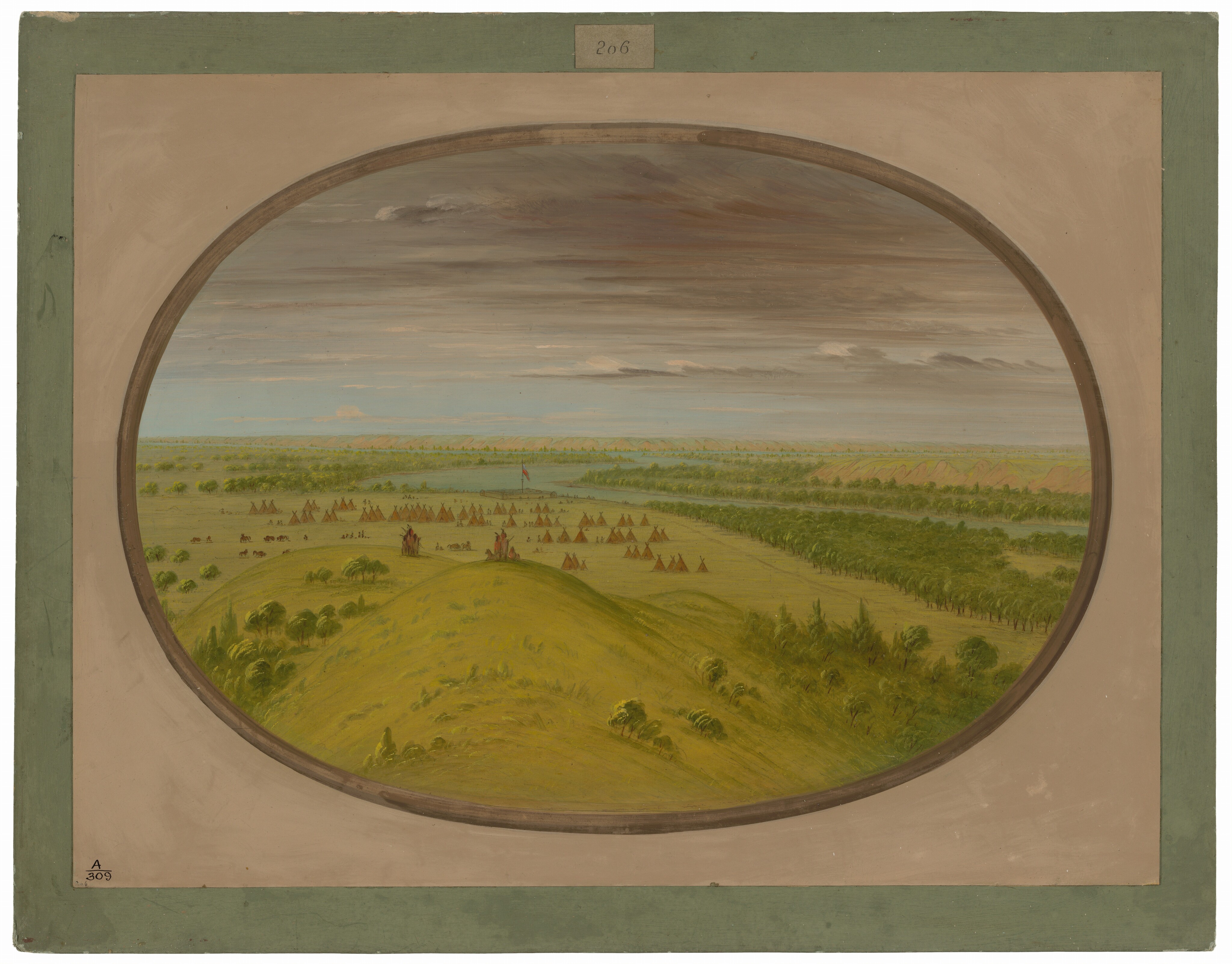 The image shows an expansive landscape from an elevated perspective. A wide grassy plain with teepees and small figures is observed. Green rolling hills lead to the plain, with scattered teepees indicating human habitation. A line of trees stretches into the distance, guiding towards the horizon. Distant mountain ridges are visible on the horizon. The painting features smooth brushwork capturing the scene's expanse. The color palette includes shades of green, earthy browns, and reds for the teepees, under a sky with light gray, white clouds, and hints of blue. The overall atmosphere is tranquil and vast.