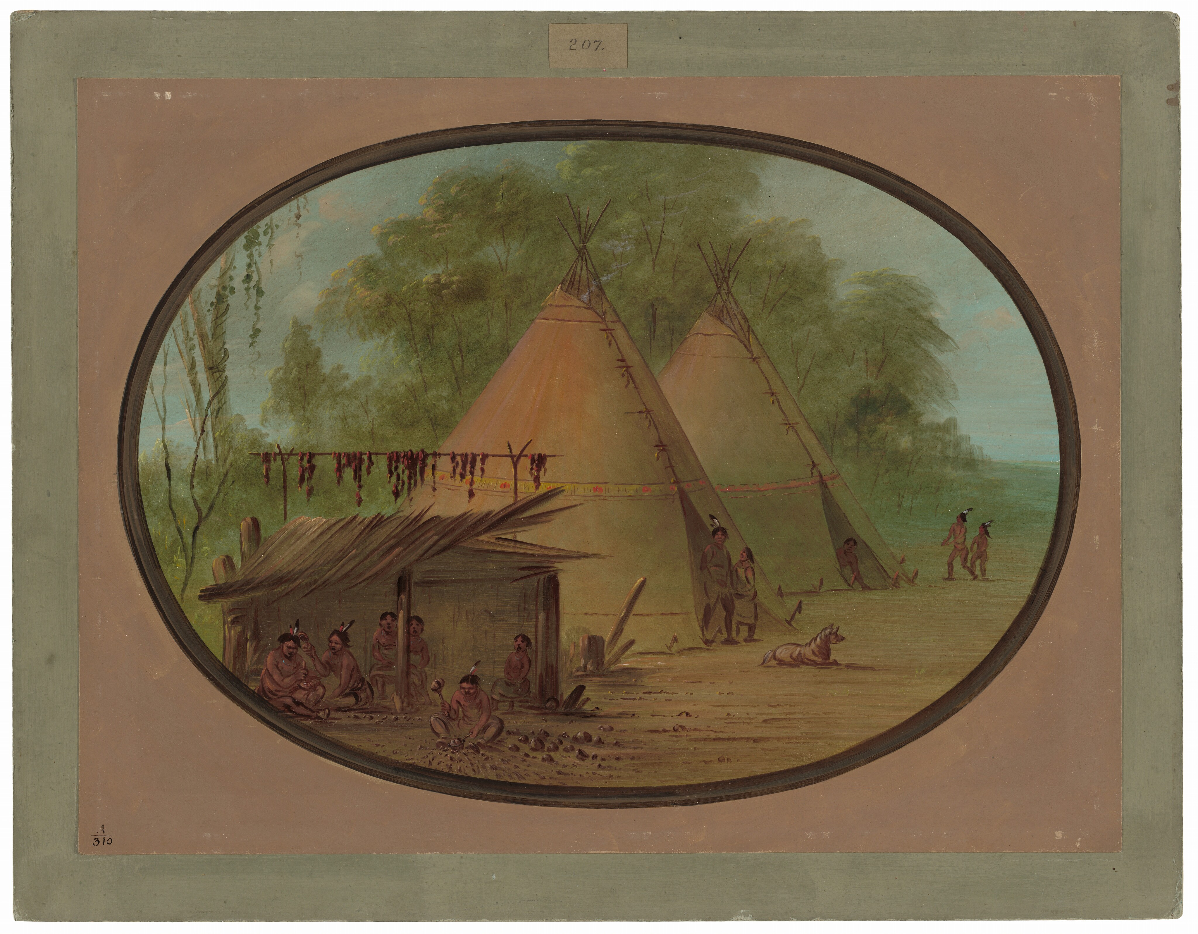 The image shows a straightforward, eye-level perspective of a scene with a shelter and teepees. The horizon is high, with lush trees as the backdrop. The brushstrokes are smooth and controlled, portraying the elements realistically. The color palette is earthy, with browns, greens, and hints of blue sky. People are seated under the shelter while items hang to dry. Two teepees stand in the distance with figures and a dog nearby. Greenery and soft blues dominate the background, creating a serene setting.