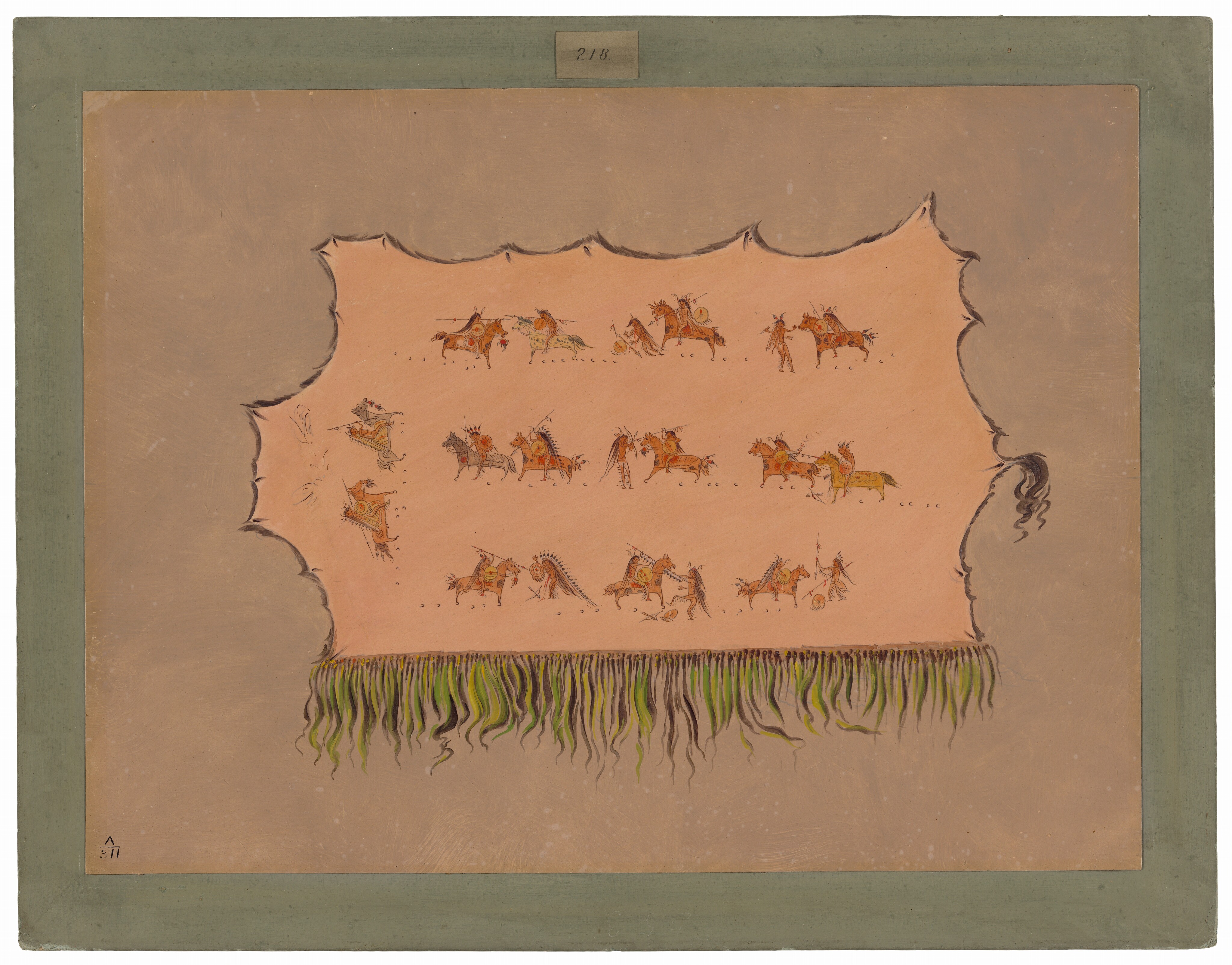 This is a painting of a decorative hide. The painting depicts a tan hide with intricate illustrations spread over its surface. The hide has irregular, wavy edges characteristic of natural skin. Adorning the hide are detailed and vibrant scenes featuring stylized figures and horses, depicted in rows across the expanse of the hide. These illustrations are reminiscent of traditional indigenous or native artworks, presenting scenes of hunting or combat, where adorned figures, possibly representing warriors, are interacting with horses in dynamic poses. Below the illustrated area, at the bottom, there appears to be a fringe-like detail, possibly representing tassels made of material reminiscent of leather or sinew. The hide is set against a muted greyish-brown background with a border framed by a wooden or painted green edge.