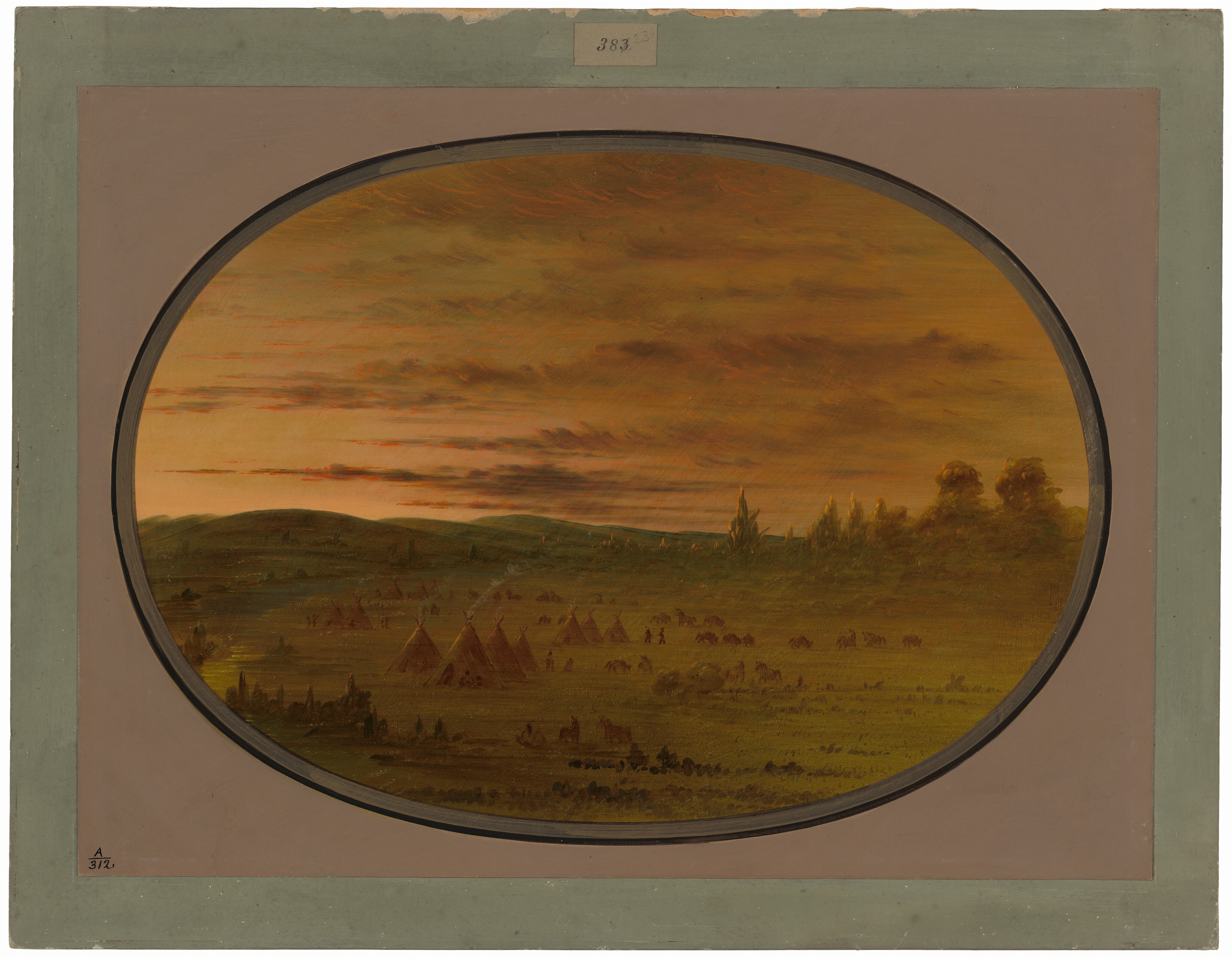 The image is an oval-shaped painting capturing a wide landscape scene. The horizon is in the upper third of the image, with rolling hills against a sky in warm hues. The sky has fluid brushstrokes transitioning from golds and oranges near the horizon to darker browns and greys. In the foreground, there are tepees and small figures suggesting a settlement. Animals are grazing in the middle ground, with trees in the background. The color palette includes earthy browns, greens, and warm tones from the sky.