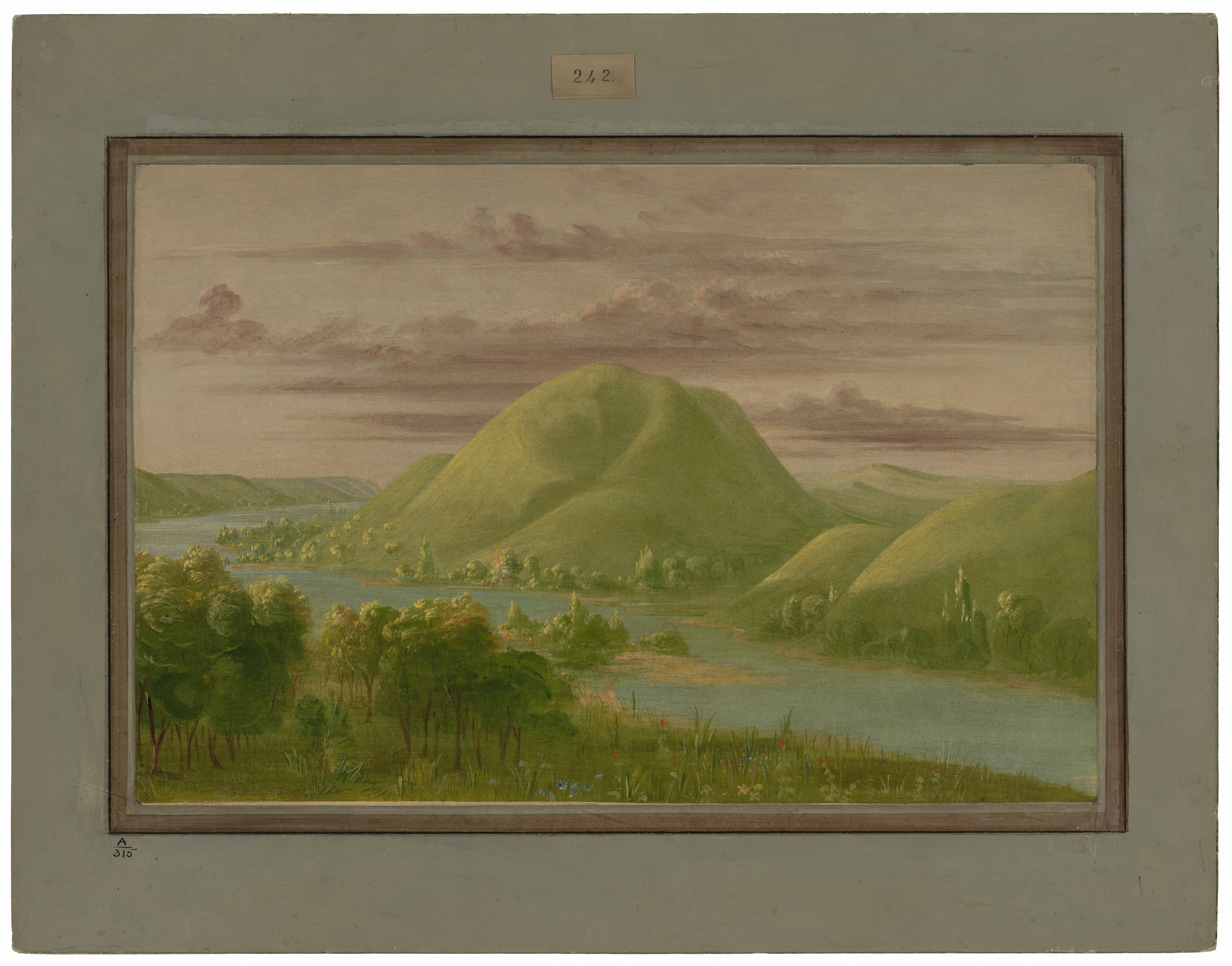 A landscape with a flowing river curving through the scene. Hills meet the sky with clouds in the distance. Smooth brushstrokes create a serene atmosphere. Earthy greens, browns, and blues form a calm palette. Trees, plants, and hills fill the composition, guiding the eye towards the horizon.