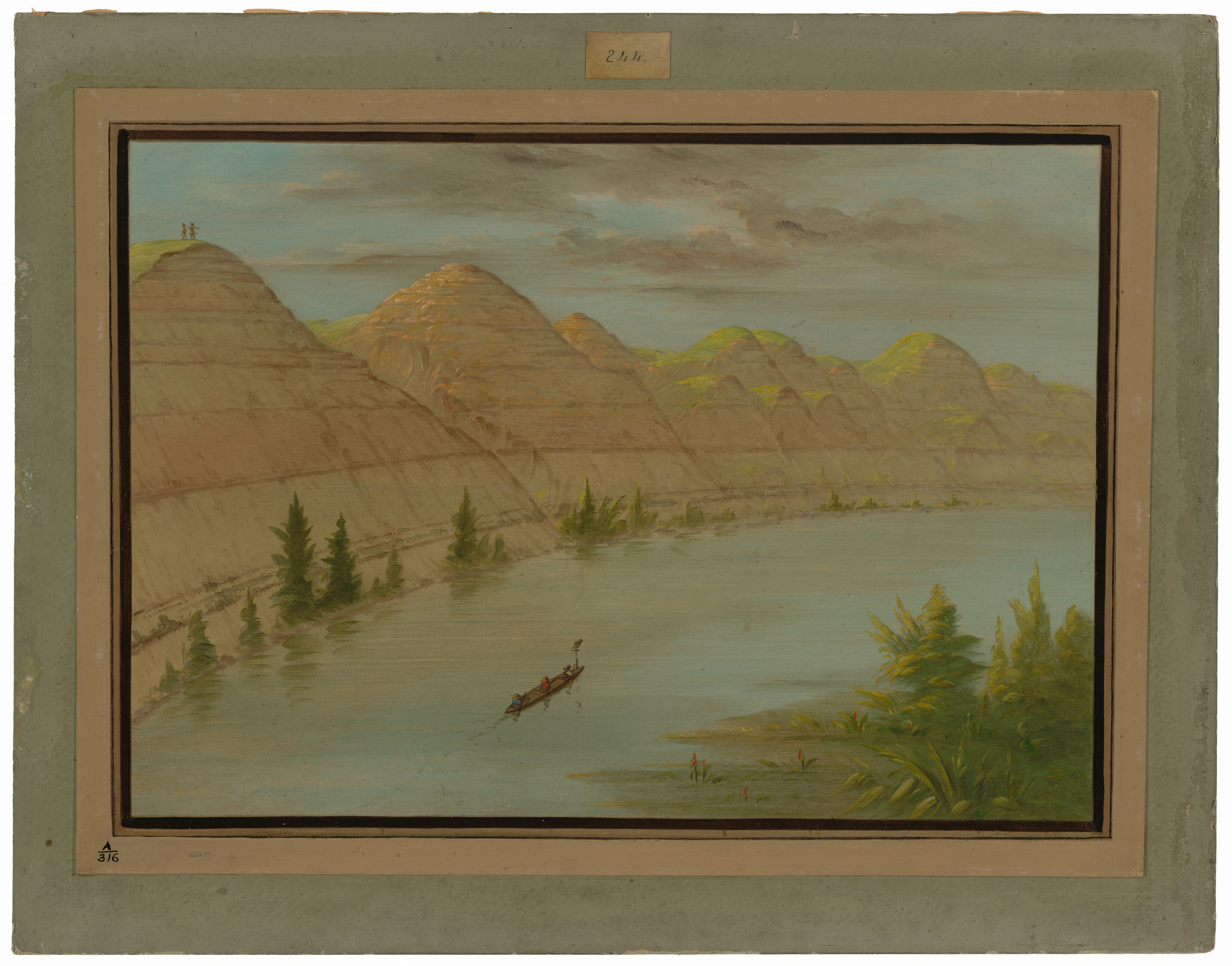 The painting depicts a river flowing diagonally from the lower left to the upper right. A canoe with three figures is visible in the water. Rolling hills are seen in the distance, with sunlight illuminating their surfaces. The color palette includes earthy tones, lush greens along the riverbanks, and a pale blue sky with clouds.
