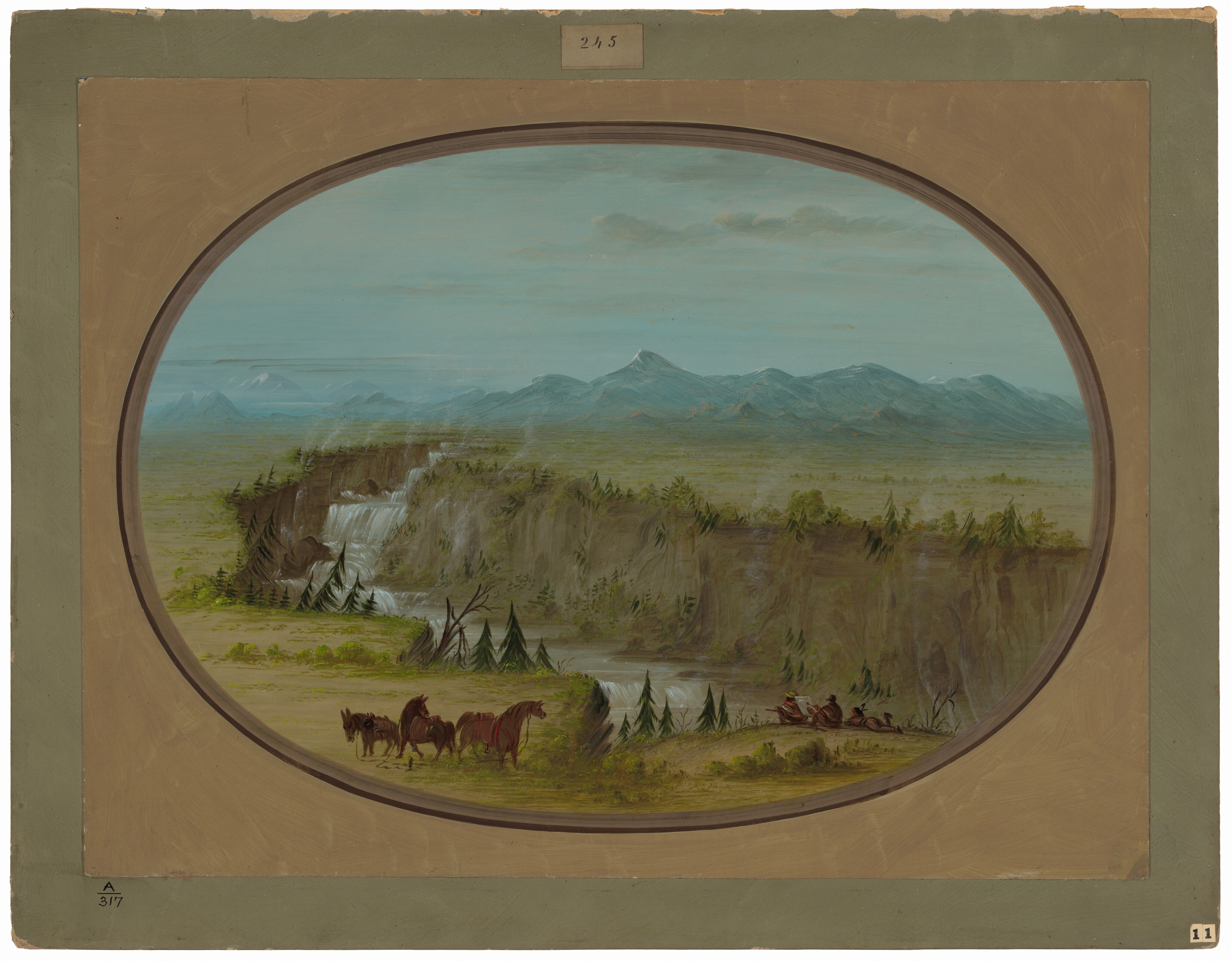 The painting depicts an elevated point of view of a broad landscape. The horizon is high in the image, showing distant mountains against a light blue sky with scattered clouds. The brushstrokes are smooth and blended, creating depth and atmosphere. The color palette includes earthy greens and browns in the landscape, and cooler blues and grays in the mountains and sky. Close to us, a group of horses stands near trees, with figures by a river and a waterfall in the background. The middle ground contains more trees and greenery leading to the distant horizon.
