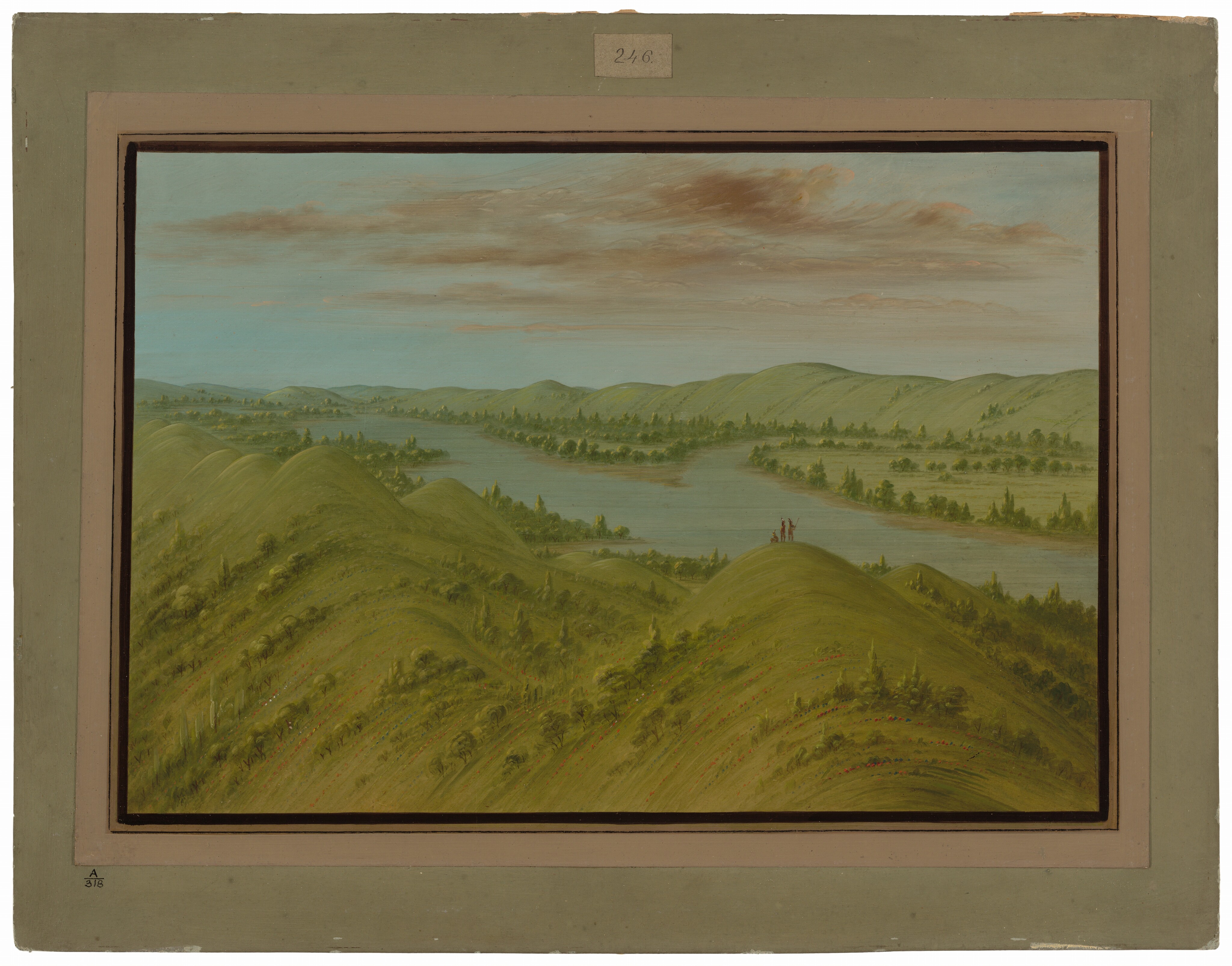 The image shows a landscape with elevated terrain and a river winding through it. Small figures can be seen on the hills. The scenery includes lush greenery, smooth brushstrokes, and a color palette of greens, grays, blues, browns, tans, pinks, and muted oranges.