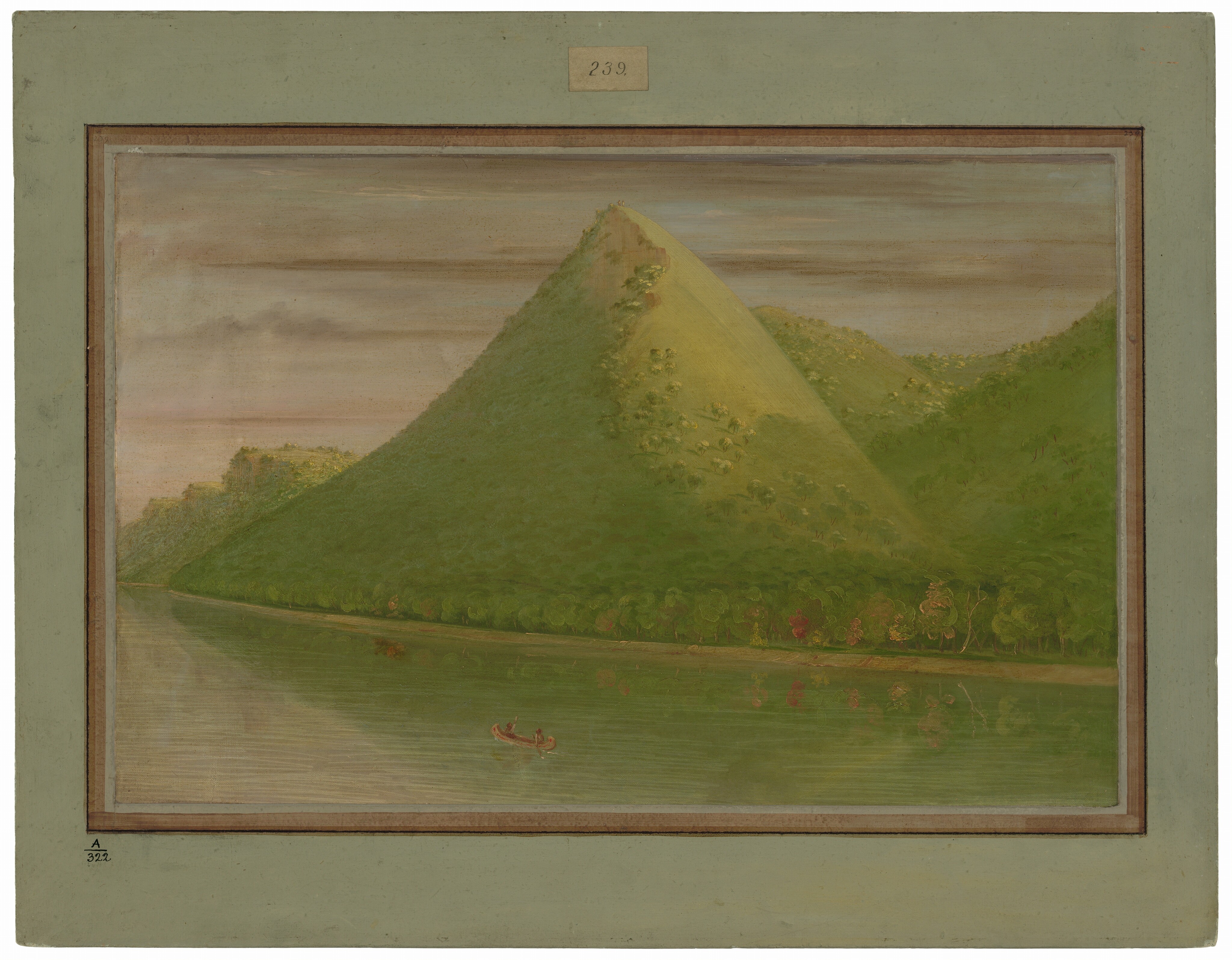 The image shows a landscape with a river flowing from near to far in the center, surrounded by hills and a large conical hill in the distance. The painting has smooth brushstrokes and a color palette of green hues for the vegetation, muted earth tones for the hill, and soft tones for the sky. There is a small canoe with figures near the river.