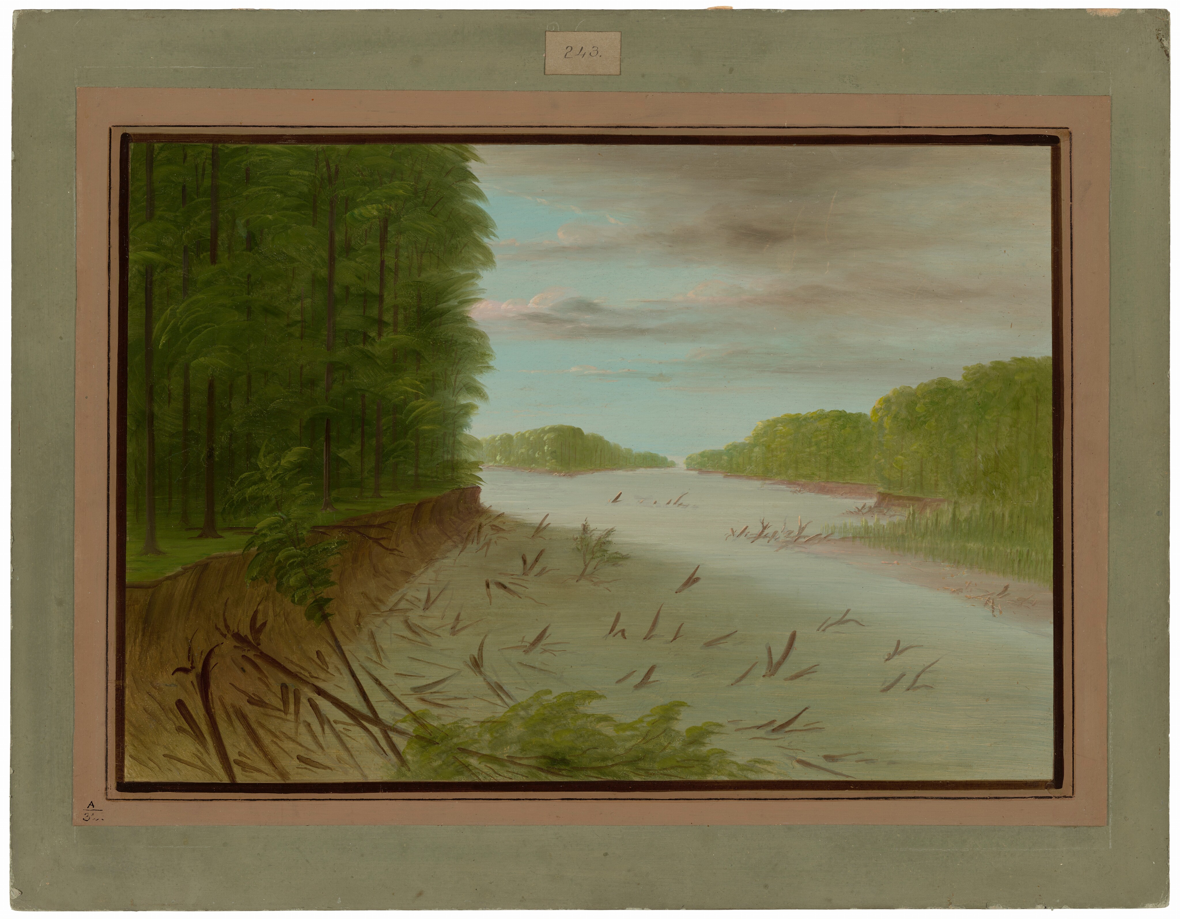 The image presents a landscape viewed from an elevated perspective, looking over a wide river winding into the distance. The horizon is positioned quite low, and the sky dominates the upper half of the scene, displaying a blend of blue with hints of pink and gray clouds. Distant trees frame the river on the horizon. Close to us, the left side features dense clusters of tall trees with green foliage, while the opposite riverbank to the right has a line of trees along the water's edge. The color palette is earthy, with shades of green for the vegetation and muted tones of brown and gray for the riverbanks and driftwood. The brushstrokes vary in intensity, softer in the sky and river, and more defined on the trees, contributing to an impressionistic effect.