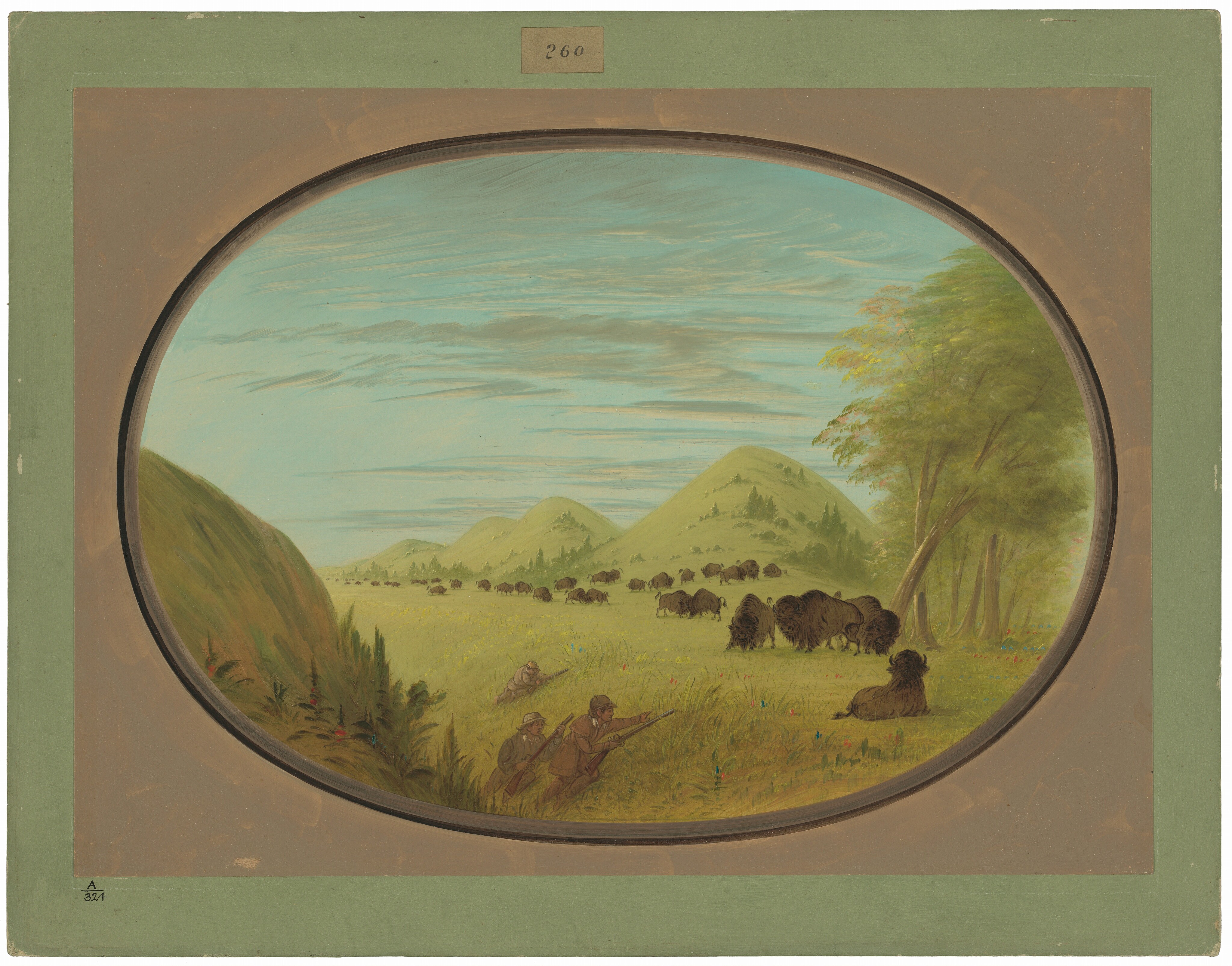 The image shows a landscape with three men in the foreground. One of the men is aiming a rifle, while the others are in the grass. In the background, a herd of bison is grazing in a sunlit meadow. The horizon is marked by hills with trees, and the sky has light brushstrokes suggesting a clear day. The color palette is dominated by greens and browns, with trees on the right side of the image.
