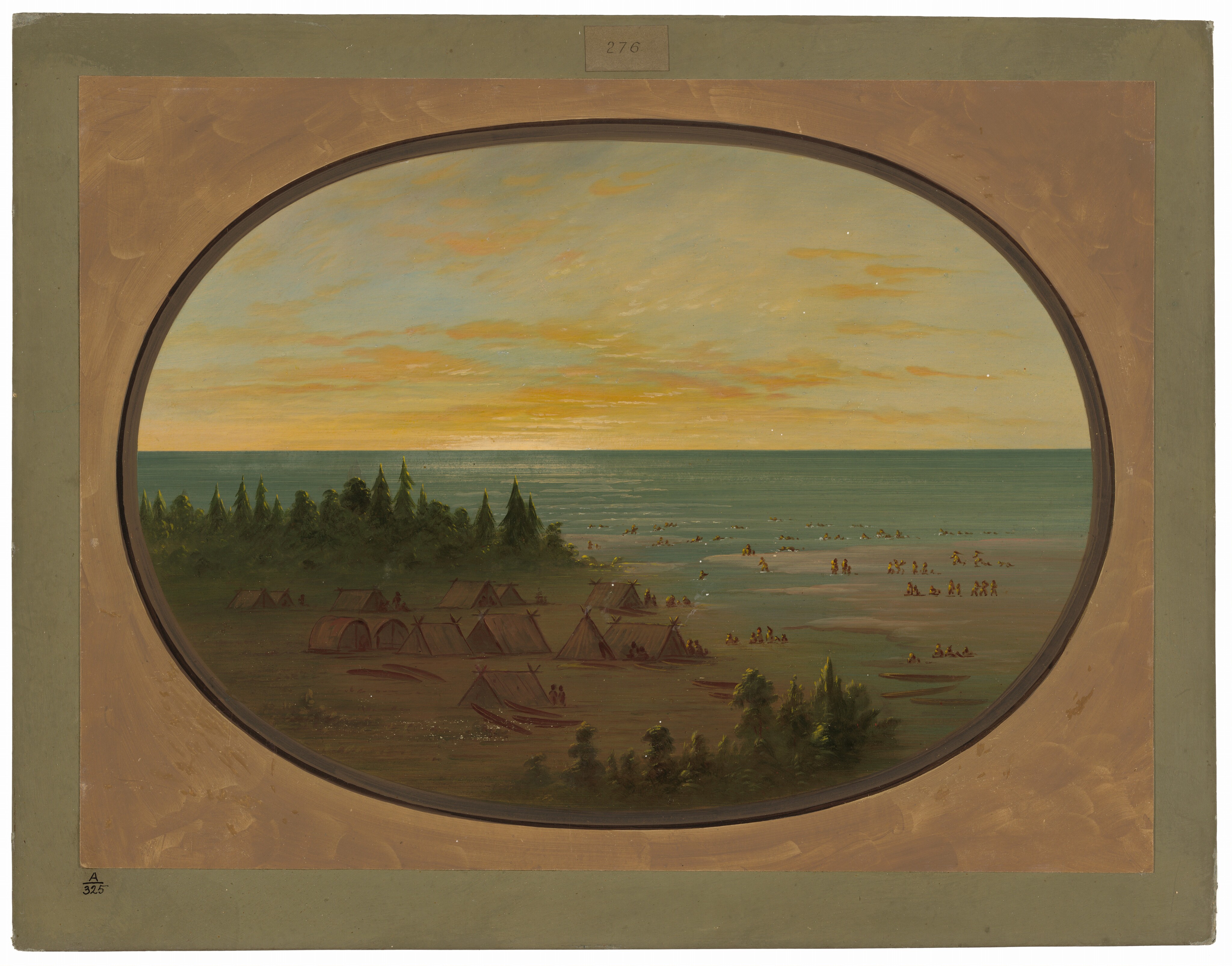 The image shows a native settlement by the seaside from a slightly elevated perspective. The horizon is located towards the upper third of the composition, where the sea meets the sky. A warm, golden hue is present at the horizon. The brushstrokes are smooth in the depiction of the sky and water. The scene includes tents and structures with people engaging in various activities. The color palette consists of earthy browns, greens, soft blues, and golden tones. In the distance, the sea is visible with more figures.