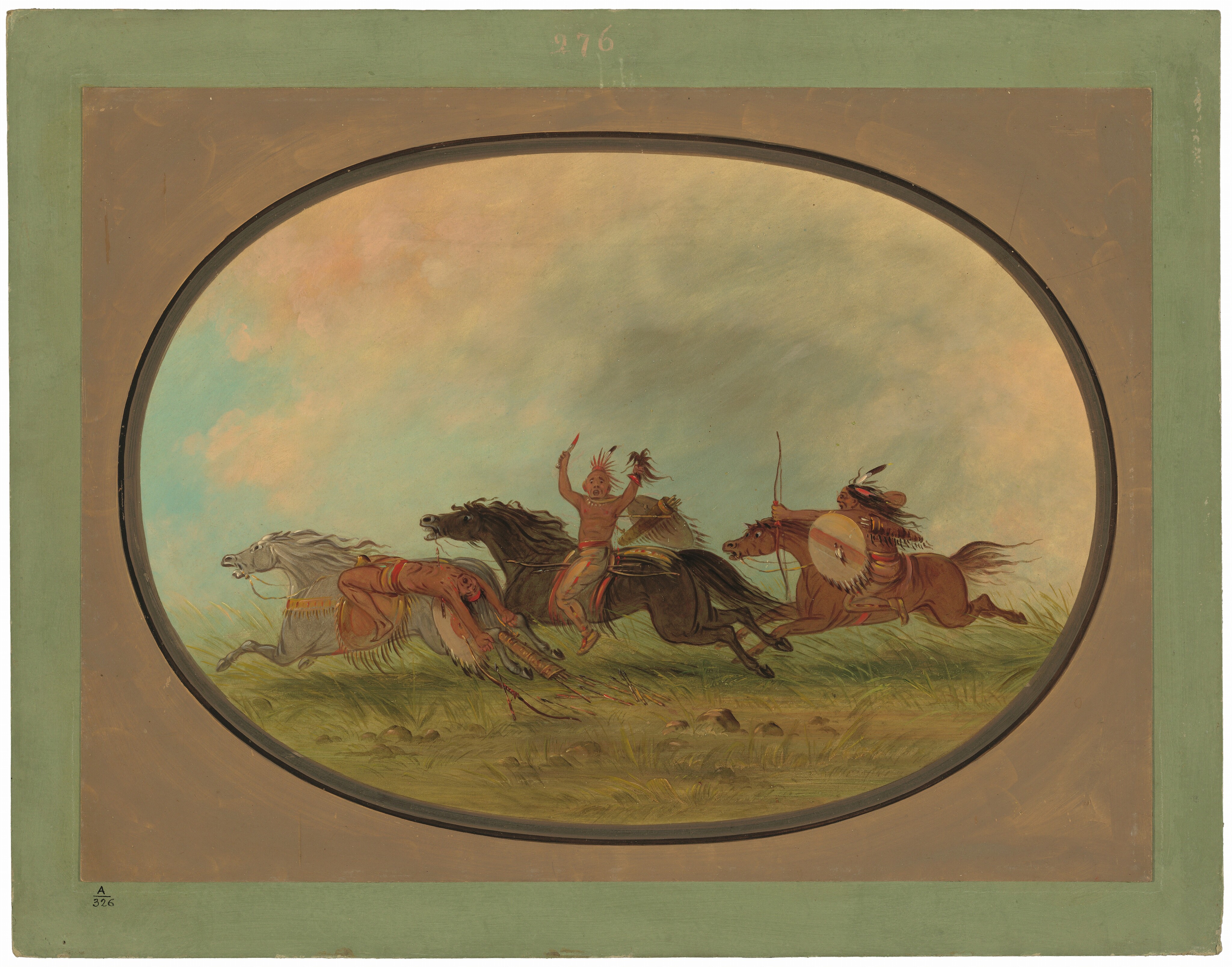 This is a painting of three riders on horseback in a prairie setting. The central figure raises his hands, the rider on a pale horse seems unbalanced, and the third rider carries a bow. The background shows a sky blending blue and peach, with grass and rocks on the ground. The scene is framed within an oval shape with a green border. This style resembles that of George Catlin.