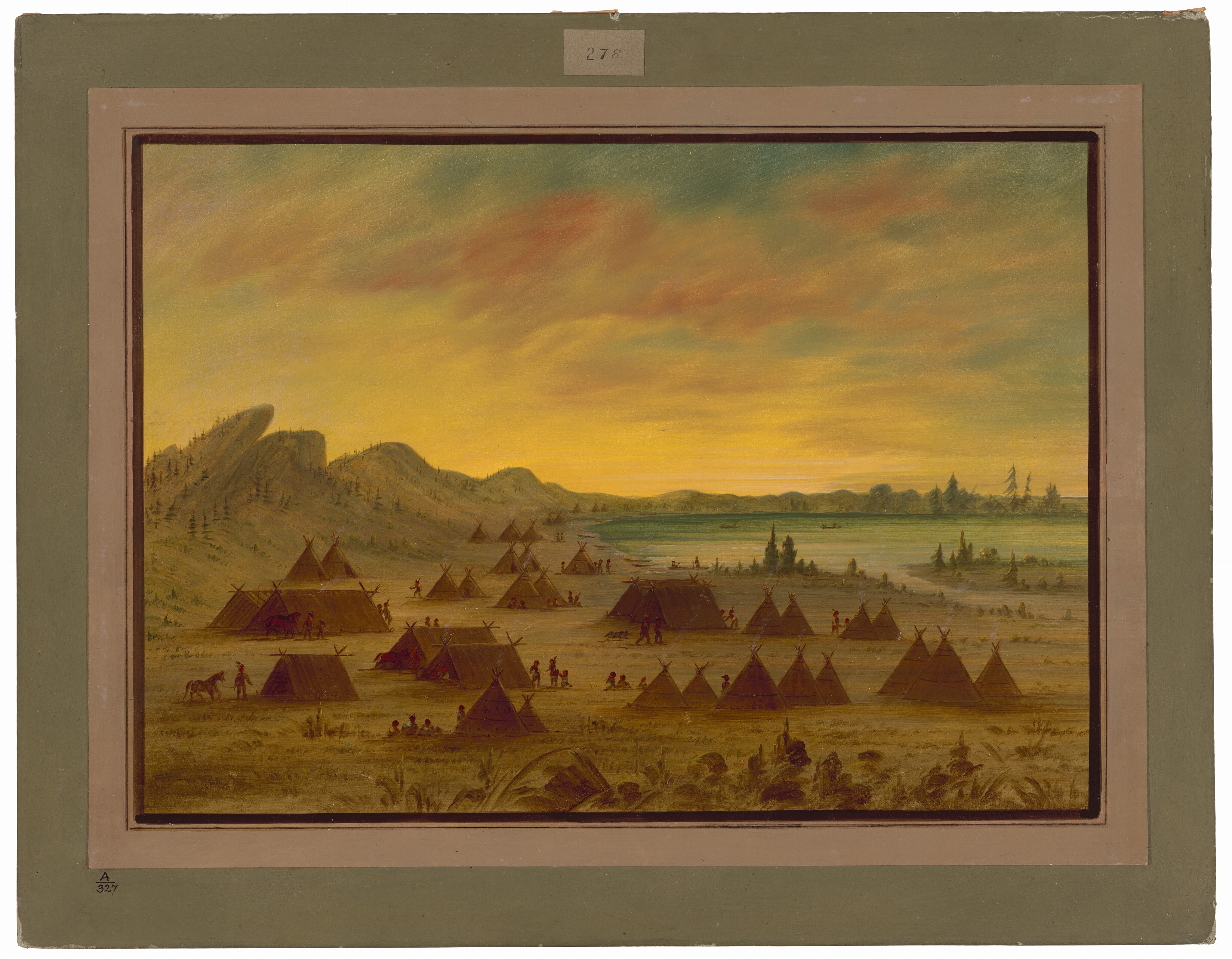 The image features a landscape with numerous conical tents arranged in a village. In the background, there is a line of trees marking the horizon, with low hills and a body of water further away. The sky shows a gradient from golden yellows to soft blues. Figures and tents are scattered across the landscape, indicating human activity. The color palette consists mainly of warm earthy tones, with the sky casting a soft light over the scene.