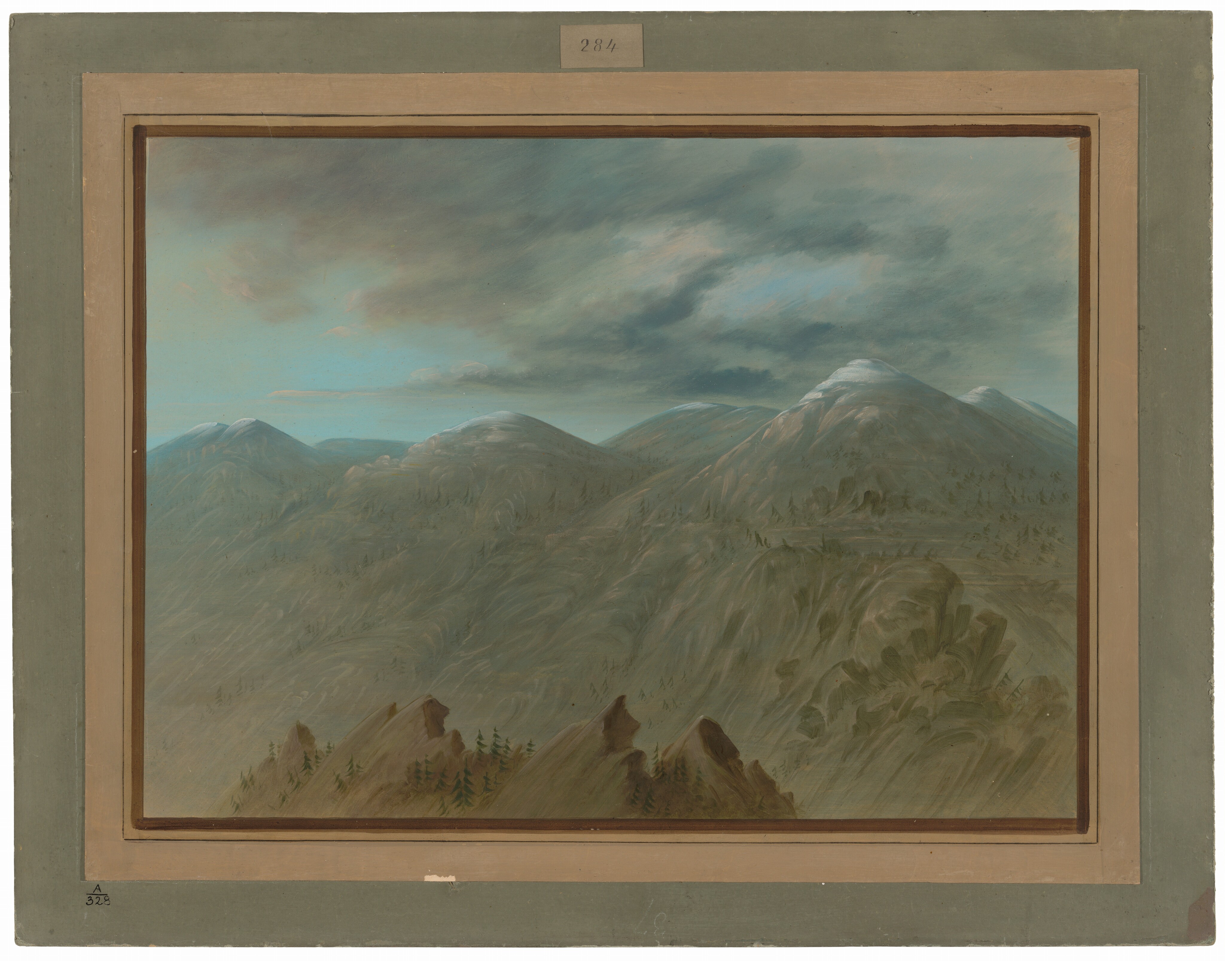 The image depicts a landscape with rolling hills and mountain peaks extending into the distance. The brushstrokes are smooth and somewhat blended. The color palette includes muted earth tones such as greens, browns, and whites for the mountains with hints of snow. The sky varies from light blue to dark gray. Clusters of trees are visible close to the viewer.