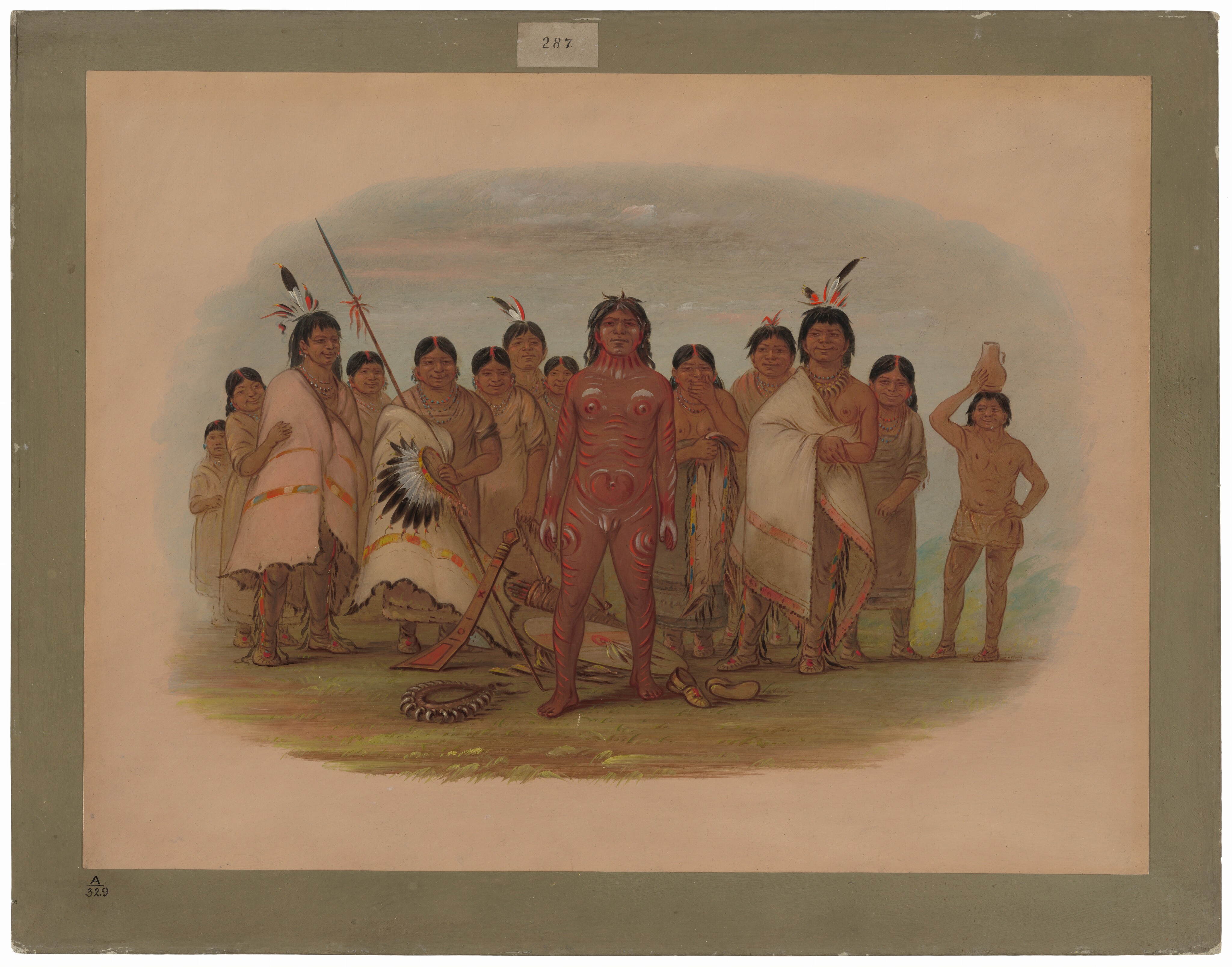 This painting shows a group of people standing together outdoors. In the center of the group is a person with red-and-white body paint creating intricate designs on their otherwise nude body. The rest of the people form a line behind them, and these people are dressed in tan garments including shawls and tunics. Some of them have red, white, and black feathers in their dark hair. A child on the far right holds a pot on their head, while another person on the left carries a long spear and what looks like a fan of feathers. Many of the people wear decorative necklaces and earrings. The ground is grassy, and surrounding the feet of the central person are several items such as shoes, a shield-like object, a quiver, and a curved object. The background shows a grassy plain meeting a pale-blue sky. Surrounding the central painting is a border of white paper, and around that is a pale-green frame.