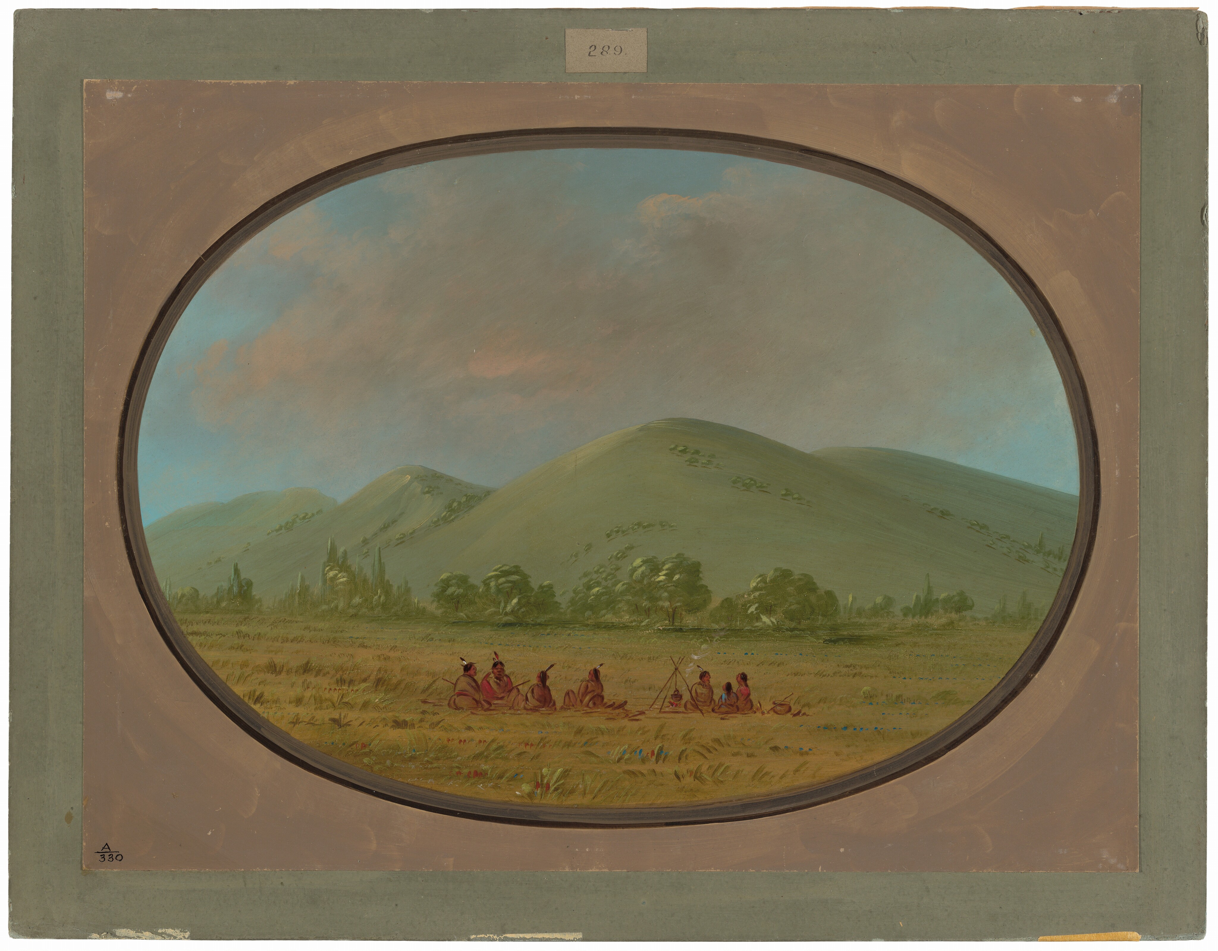The image features a landscape with green hills in the background, adorned with trees and bushes. The brushstrokes blend smoothly, creating soft contours. The dominant colors are green and blue, with hints of pink in the sky. A group of people is seated in the foreground.