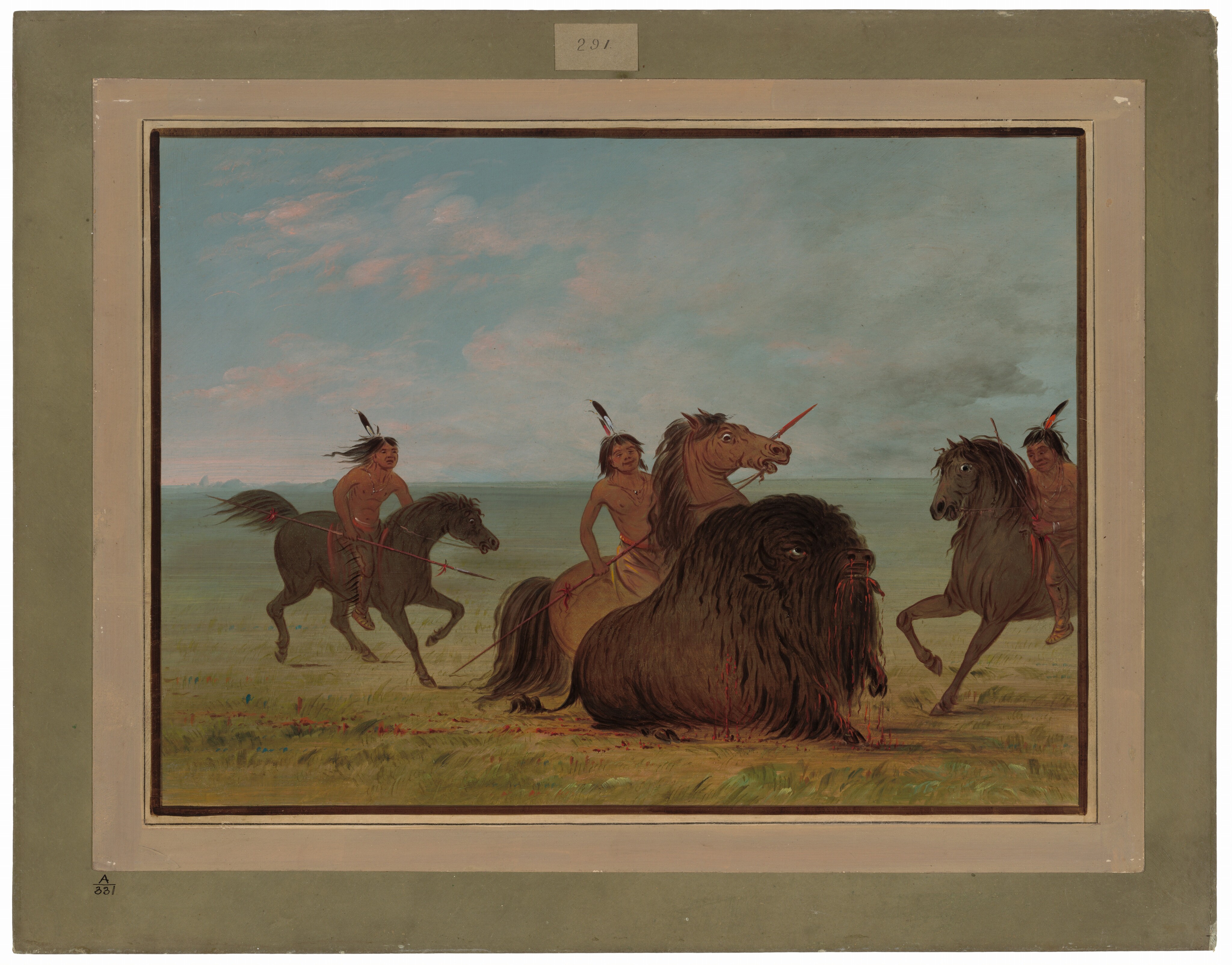 This is a painting of a hunting scene with a bison in a grassy landscape. The bison is surrounded by three horse-mounted hunters. The hunters are flanking the bison from different angles. The horses are depicted in motion, with harnesses suggesting speed. The bison is detailed, with textured fur and a powerful presence. The sky above is depicted in lighter tones. The style is reminiscent of George Catlin, known for his detailed artworks of Native American culture and wildlife.