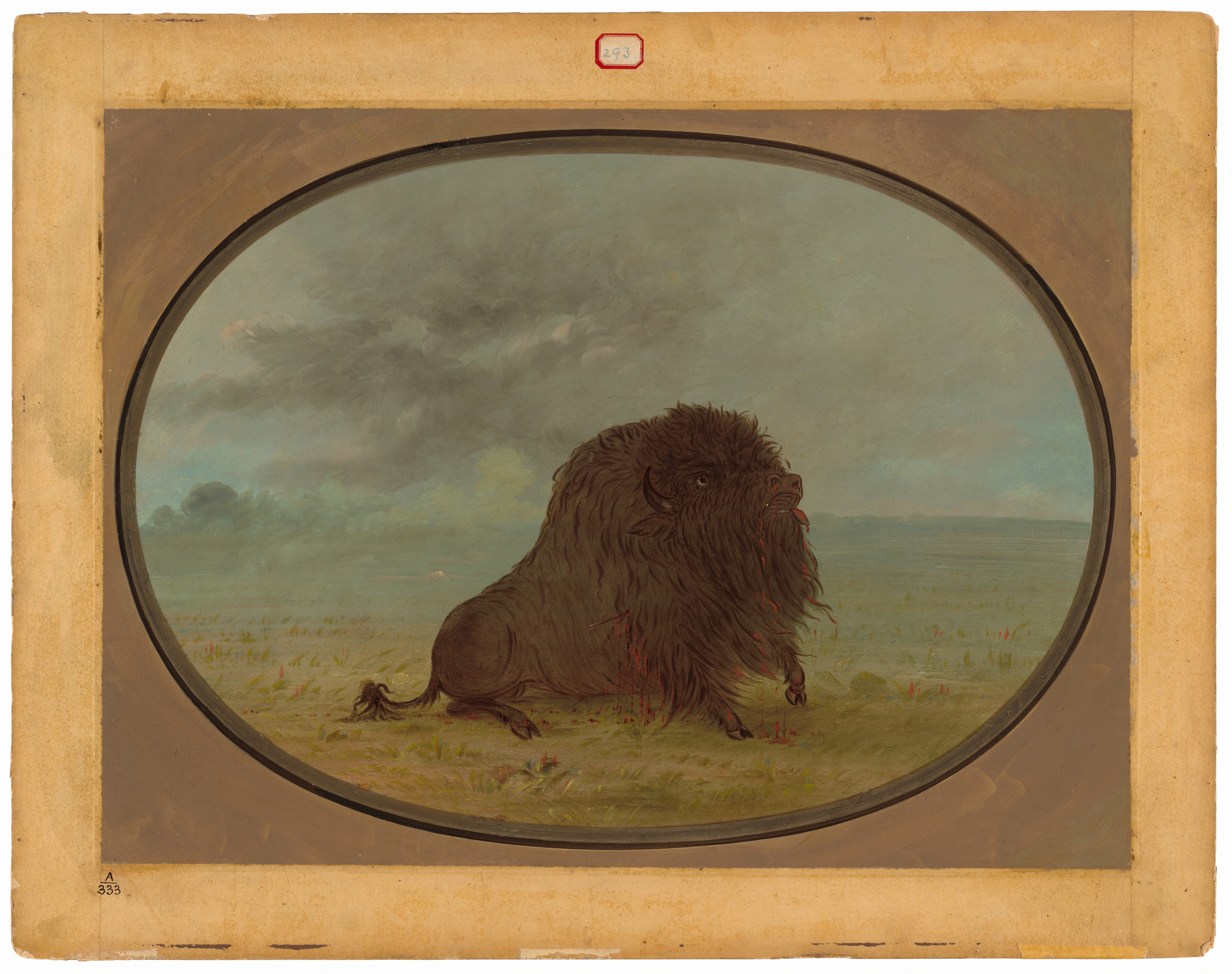 The image shows a lone bison on a grassy plain. The viewpoint is slightly above the bison, with the horizon high in the composition. The sky above the horizon is painted with soft brushstrokes in gray, blue, and faint pink. The bison's fur and the landscape appear in earthy browns and greens, contrasting with the cooler sky tones.