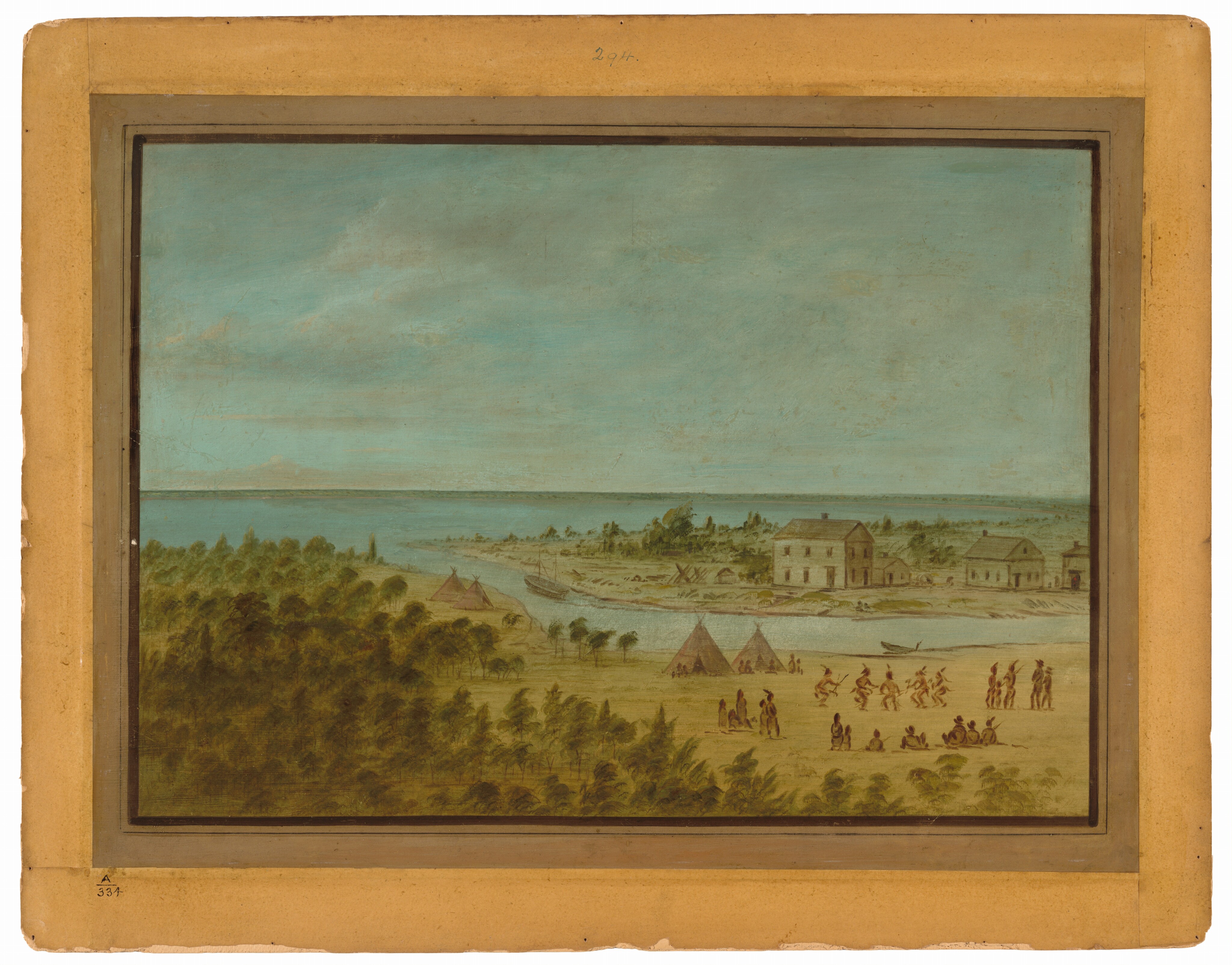 The image shows a scene where natural and human elements coexist. There is a sandy area with people and conical tents. A river curves towards the horizon, with a strip of blue sea or sky visible. Along the river, there are structures resembling houses. The brushstrokes are fine and deliberate, capturing details. The color palette includes earthy tones of green and brown against the blue sky and water.