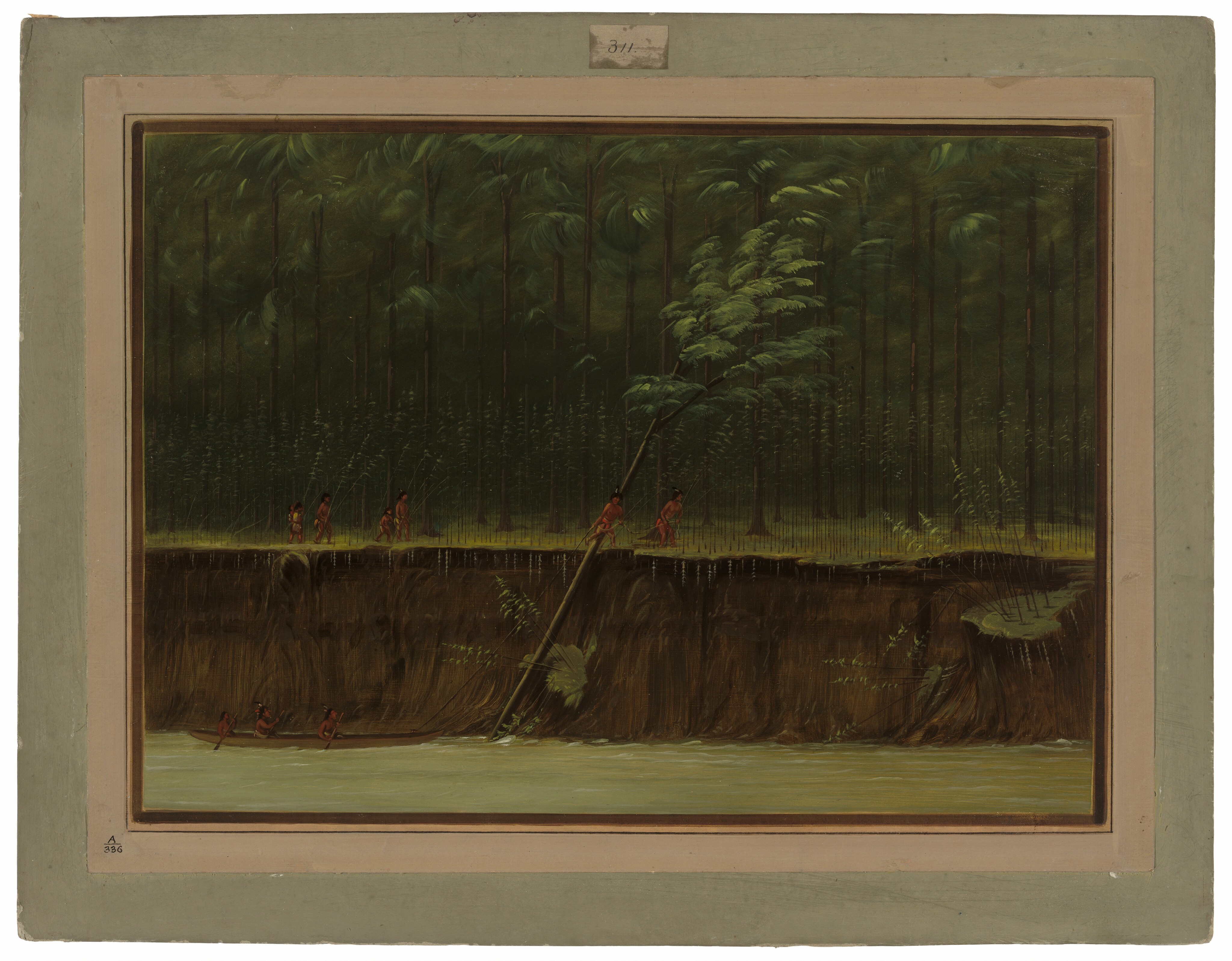 The image shows a dense forest with tall trees forming a canopy. Human figures walk on a ridge. A canoe with figures paddles along a river at the base of the cliff. The color palette is green and brown.