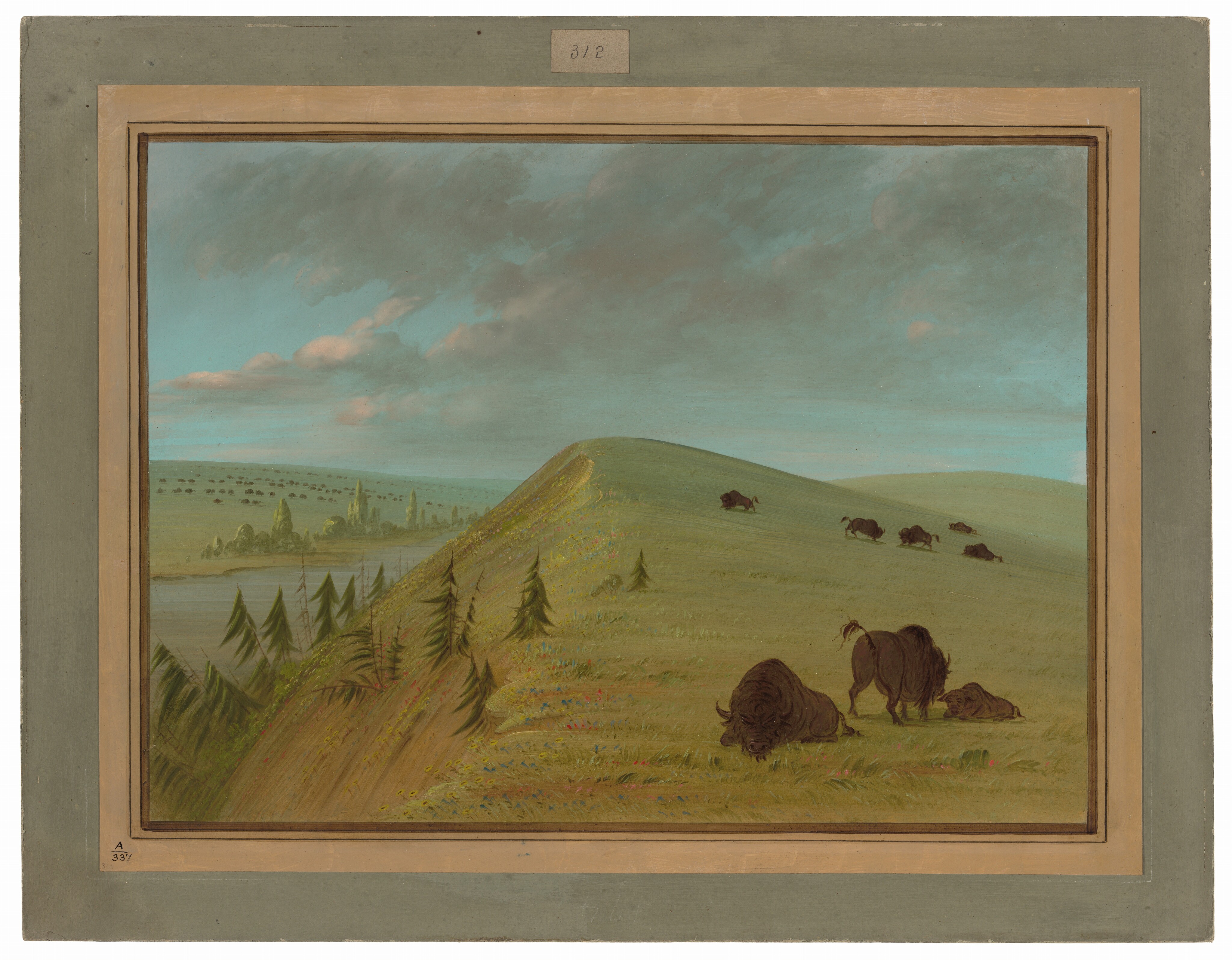 The image shows a grassy landscape with a slightly elevated view. The horizon is near the upper third of the frame, revealing a vast sky with light clouds. A river winds through the land in the distance, bordered by trees. Bison are scattered across the grassy hill, with more visible moving towards the horizon. The brushstrokes are smooth, creating a realistic and detailed depiction. The color palette consists of lush greens, browns, and a vibrant blue sky, creating visual harmony.