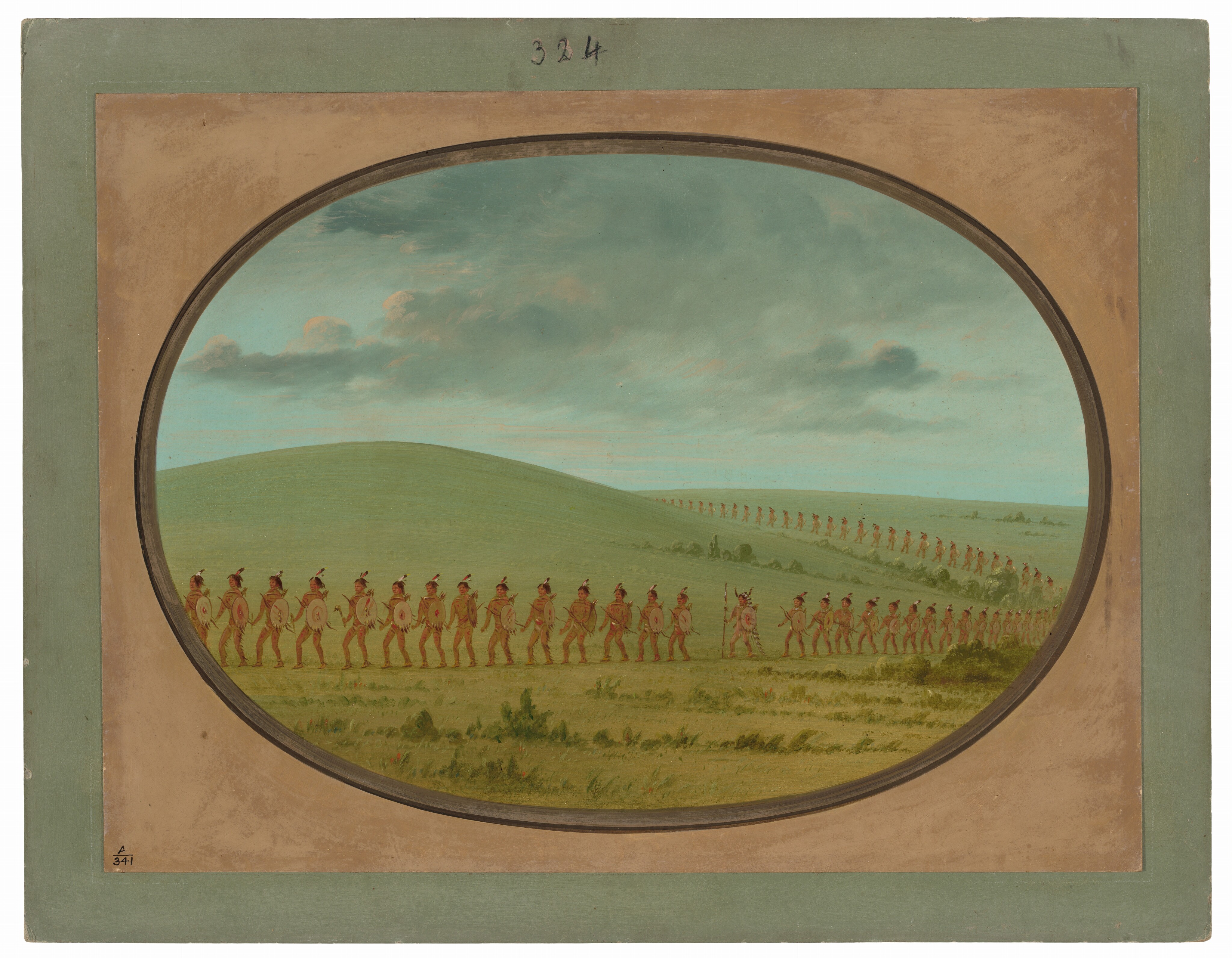 The illustration shows a landscape with a rolling green hill dominating the scene. The horizon is high in the composition, with a line of marching figures extending into the distance, creating depth. The sky above has a mix of blue and grey with scattered clouds. Closest to us, a line of figures carrying shields or circular objects march in unison across the greenery. The brushstrokes are smooth and meticulous, delineating forms with precision. The color palette consists of earthy greens and browns, with the figures wearing reddish-brown attire.
