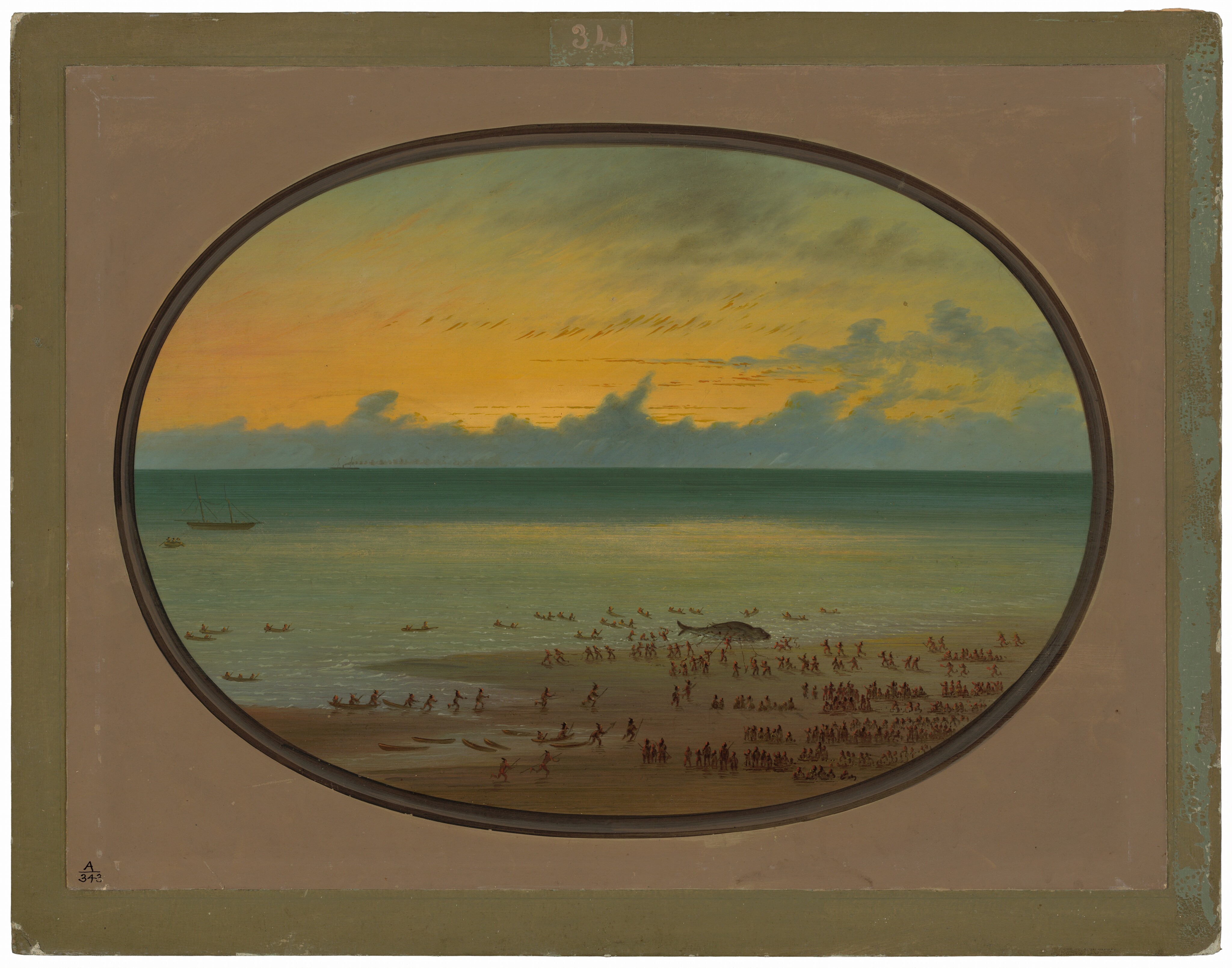 The image shows a beach scene with numerous small figures engaged in activities on the sand. The sea stretches out to the horizon, with clouds and a sailboat visible. The sky gradient transitions from deep orange near the horizon to softer blues and yellows higher up. The water contrasts with the sky in cooler shades. The overall palette is harmonious, with warm earth tones in the sand and vibrant blues and oranges in the sky and sea, creating a serene atmosphere.
