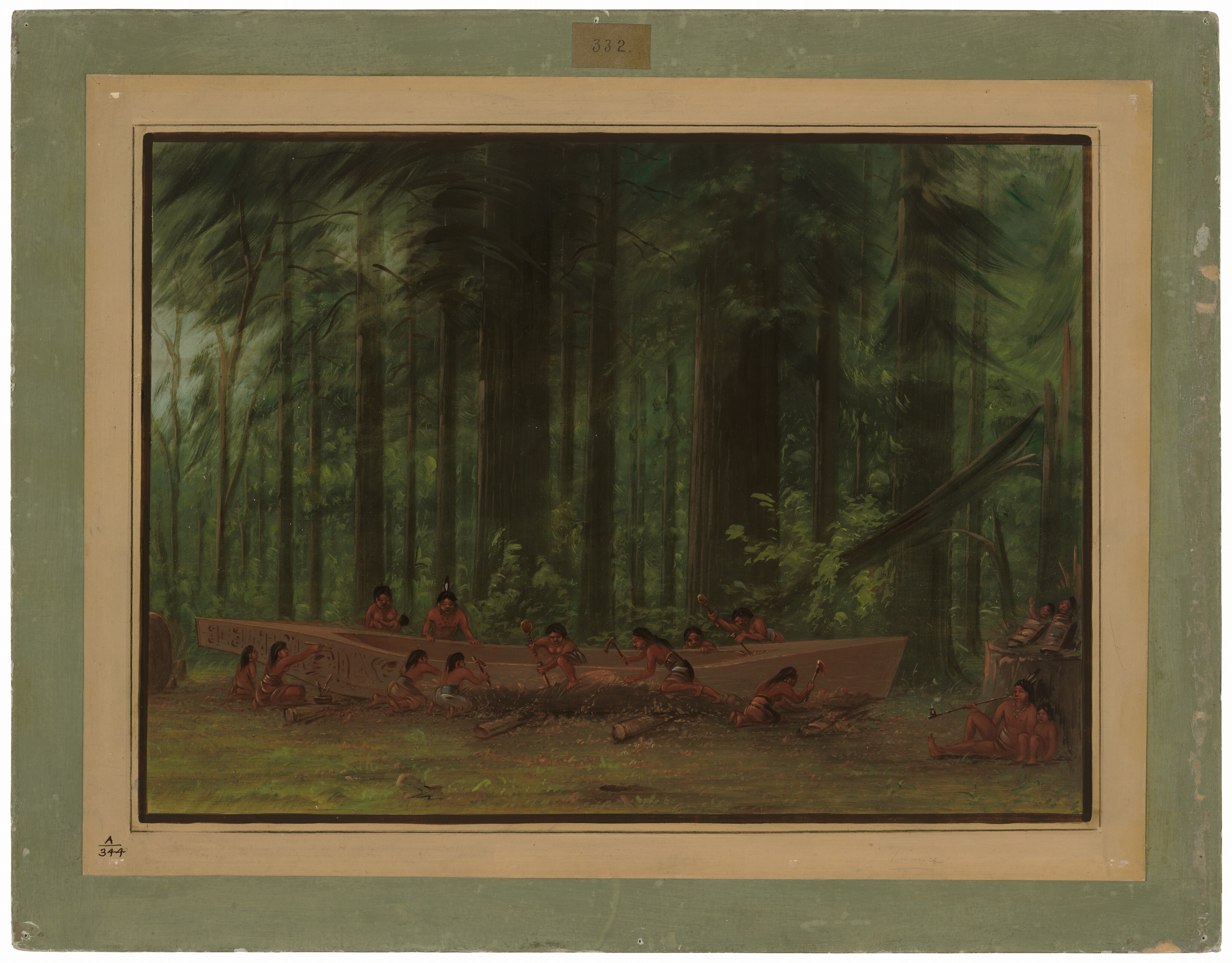 The image shows a group of people constructing a large wooden canoe in a dense forest setting. The point of view is slightly elevated, providing a clear view of the scene set beneath tall trees. The horizon is not distinctly visible due to the tall trees. The painting style uses smooth brushstrokes with detailed attention to the leaves and branches. The color palette is rich and earthy, dominated by greens, browns, and soft reds and tans. Several figures are carving and hollowing out a log on the ground, with others engaged in different activities. The forest background is lush with shades of green and brown blending into one another.
