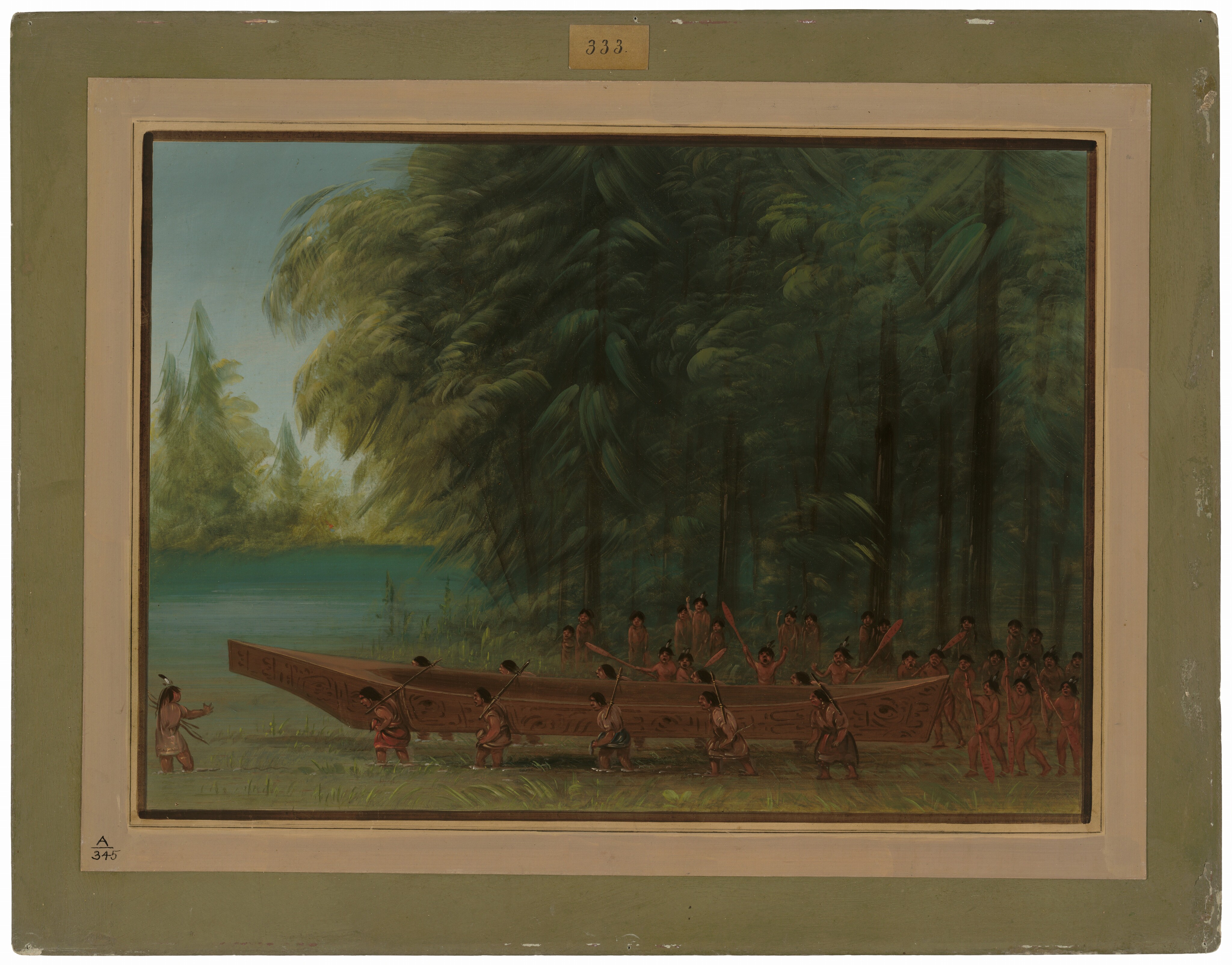 The image shows a group of people in a forest setting near a body of water. The horizon is low in the image, with lush green vegetation and tall trees in the background. People are carrying a large wooden canoe through a clearing. The color palette includes earthy greens, browns, and the blue of the water, with some individuals wearing red garments.