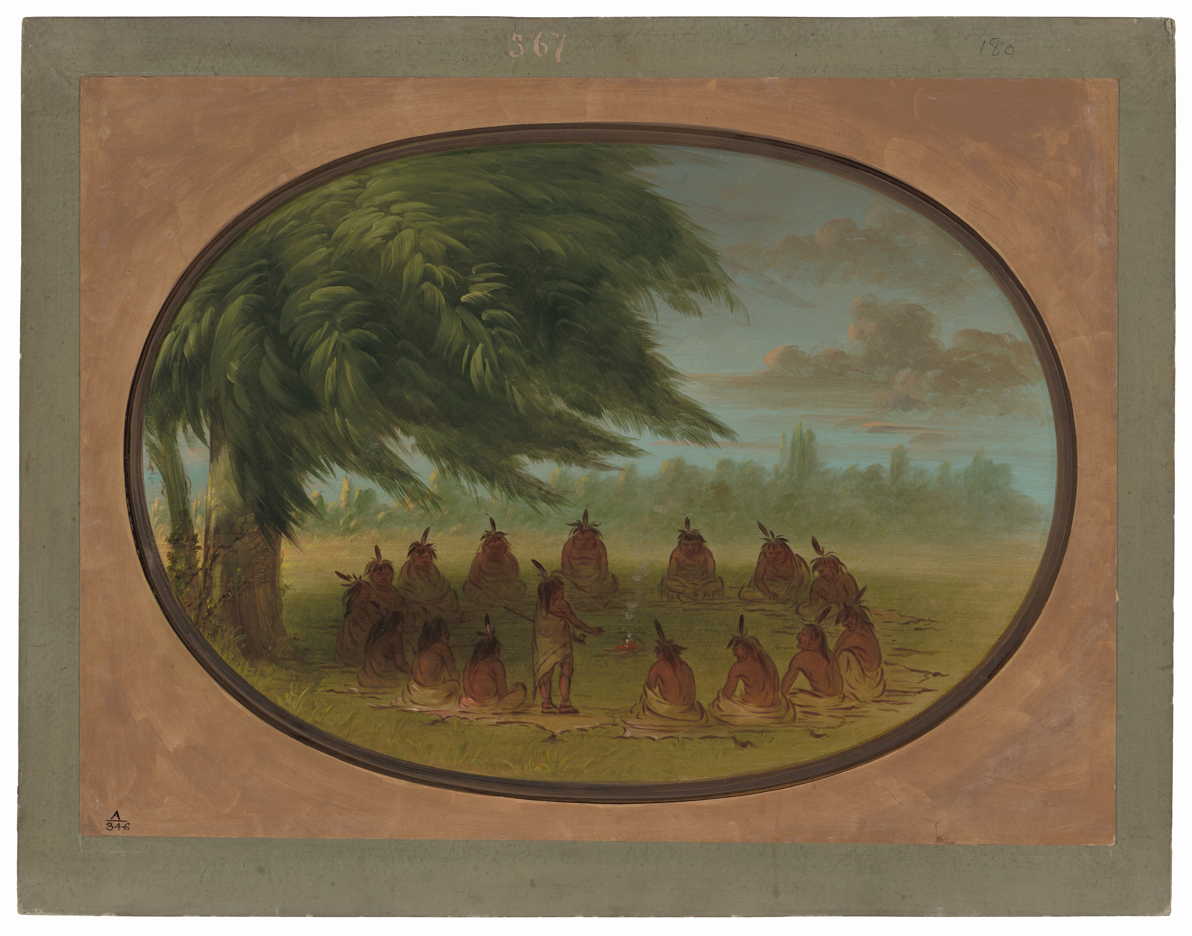 The painting shows a semi-circular gathering of figures with feathered headdresses and blankets, seated around a central figure. Low vegetation and clouds can be seen on the horizon, with soft and blended brushstrokes used throughout. The color palette includes earthy tones for the figures and tree, and lighter blues and whites for the sky and clouds.