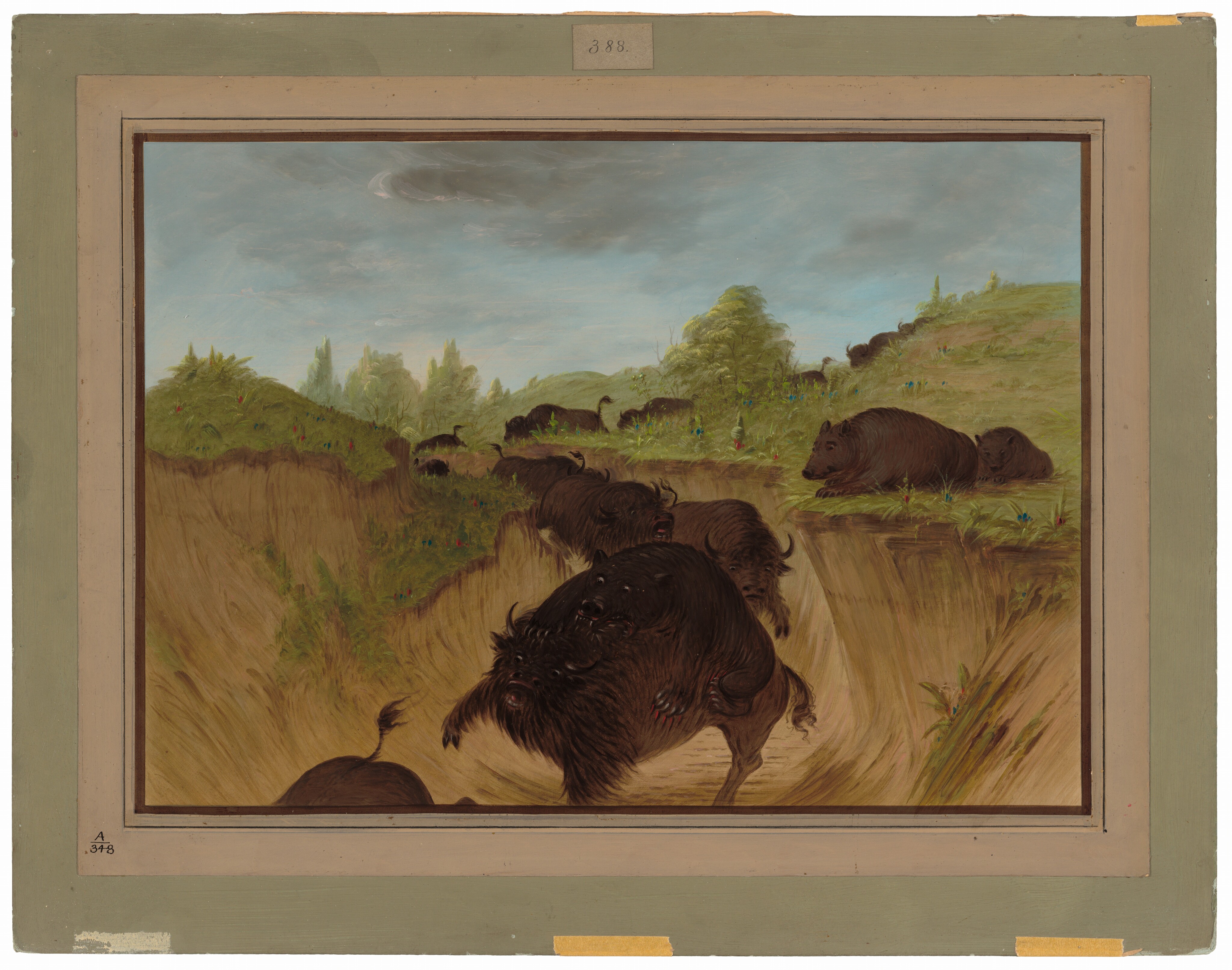 The image shows a group of bison in motion, some in a trench and others on the grassy landscape. The viewpoint is slightly elevated, providing a wide view of the scene. The horizon is high with hills, trees, and a vast sky in the background. The brushstrokes give a detailed texture to the bison and the landscape. Earthy tones dominate the color palette, including browns, greens, and soft blue. The scene conveys movement and the vastness of the open plains.
