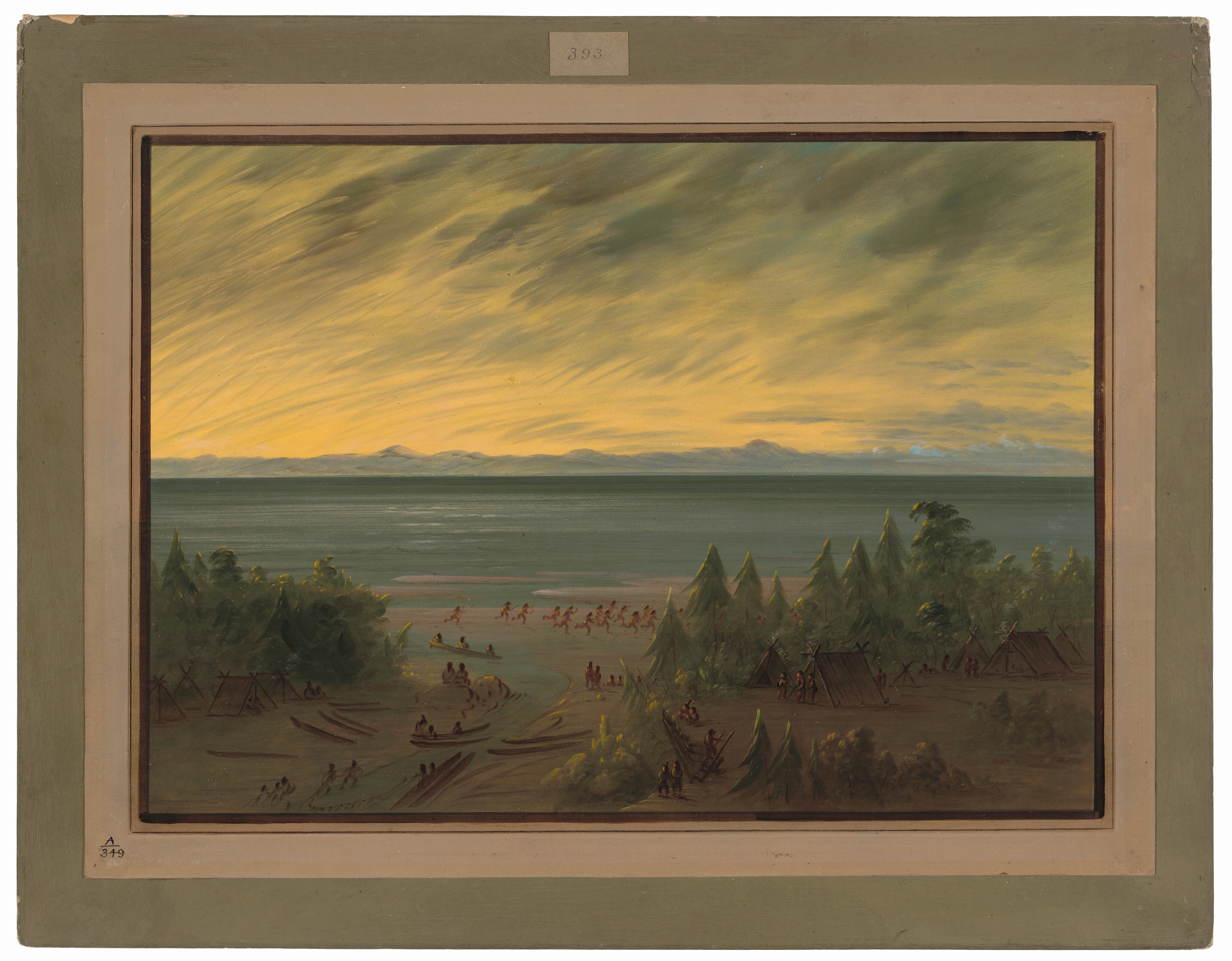 The image shows a landscape view from a slight elevation overlooking a settlement area filled with small wooden structures surrounded by lush, green trees. There are tree trunks arranged to resemble canoes, people, and structures nearby. Figures are visible moving about in the scene, indicating activity. In the background, there is a wide expanse of water leading towards distant landmasses on the horizon which is positioned at the upper third of the composition. The sky is painted with expressive brushstrokes in shades of yellow and soft green, suggesting either dawn or dusk. The dominant color palette consists of earthy greens and browns close to us, while the sky features warm and contrasting colors, creating a lively yet serene visual impact.
