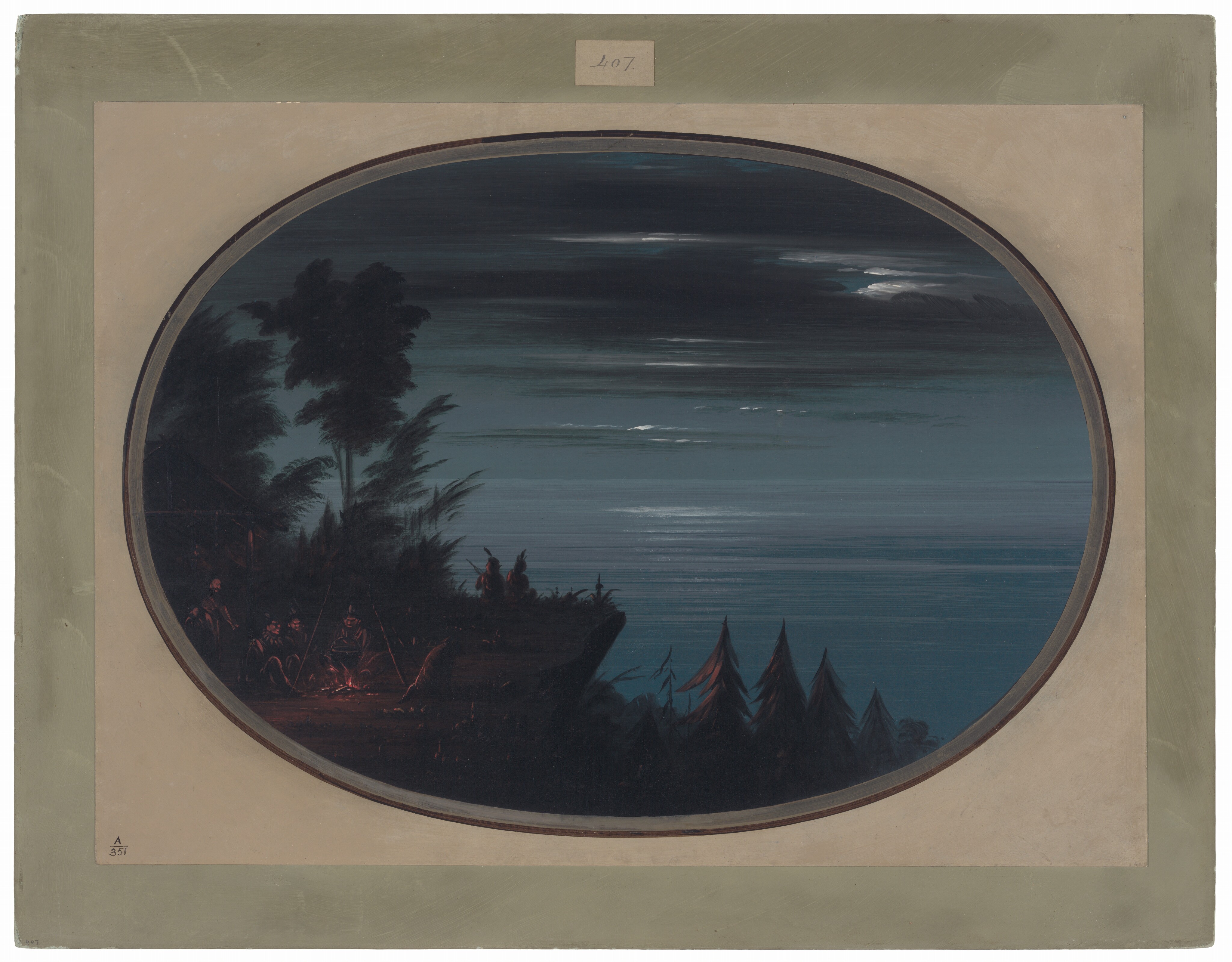 The image shows a circular framed scene viewed at a slight downward angle. The serene nighttime landscape includes a group of figures gathered around a small campfire. Lush silhouettes of trees rise to the left, blending into the night sky. In the lower part of the frame, a vast expanse of water or a lake meets the sky, reflecting the moonlight partially obscured by clouds. The brushstrokes are smooth, offering a sense of calm stability. The color palette consists of deep blues, blacks, and subtle crimson tones from the campfire, creating an atmosphere of quiet stillness and soft light.