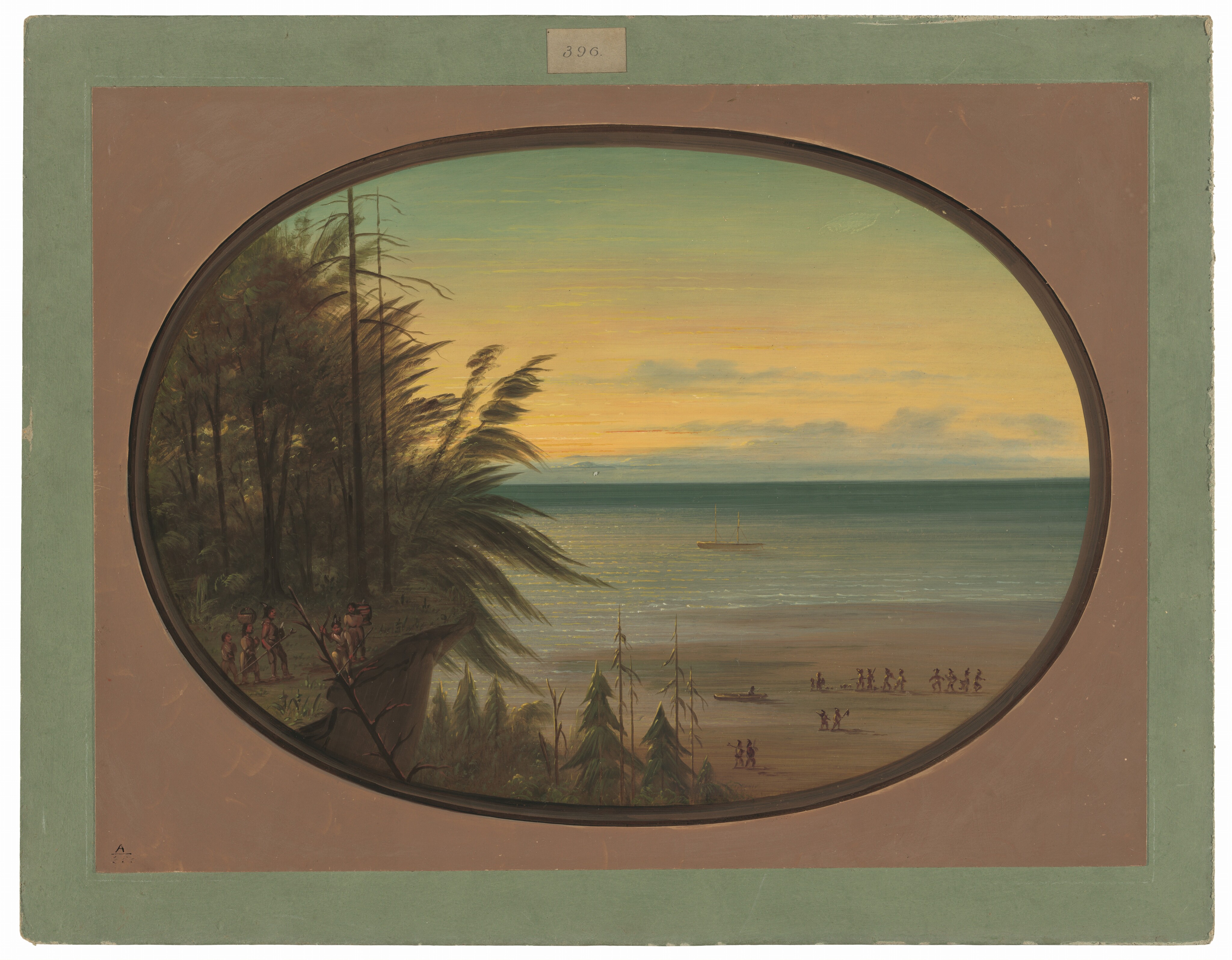 The painting shows a coastal scene from an elevated viewpoint. The horizon splits the image between the sky and the sea. A sailboat can be seen on the horizon. On the left, there are tall trees with thin trunks and lush foliage. The color palette transitions from greens and browns to yellows and oranges in the sky with scattered clouds. Below the trees, there are figures on a cliff overlooking more figures on the shoreline.
