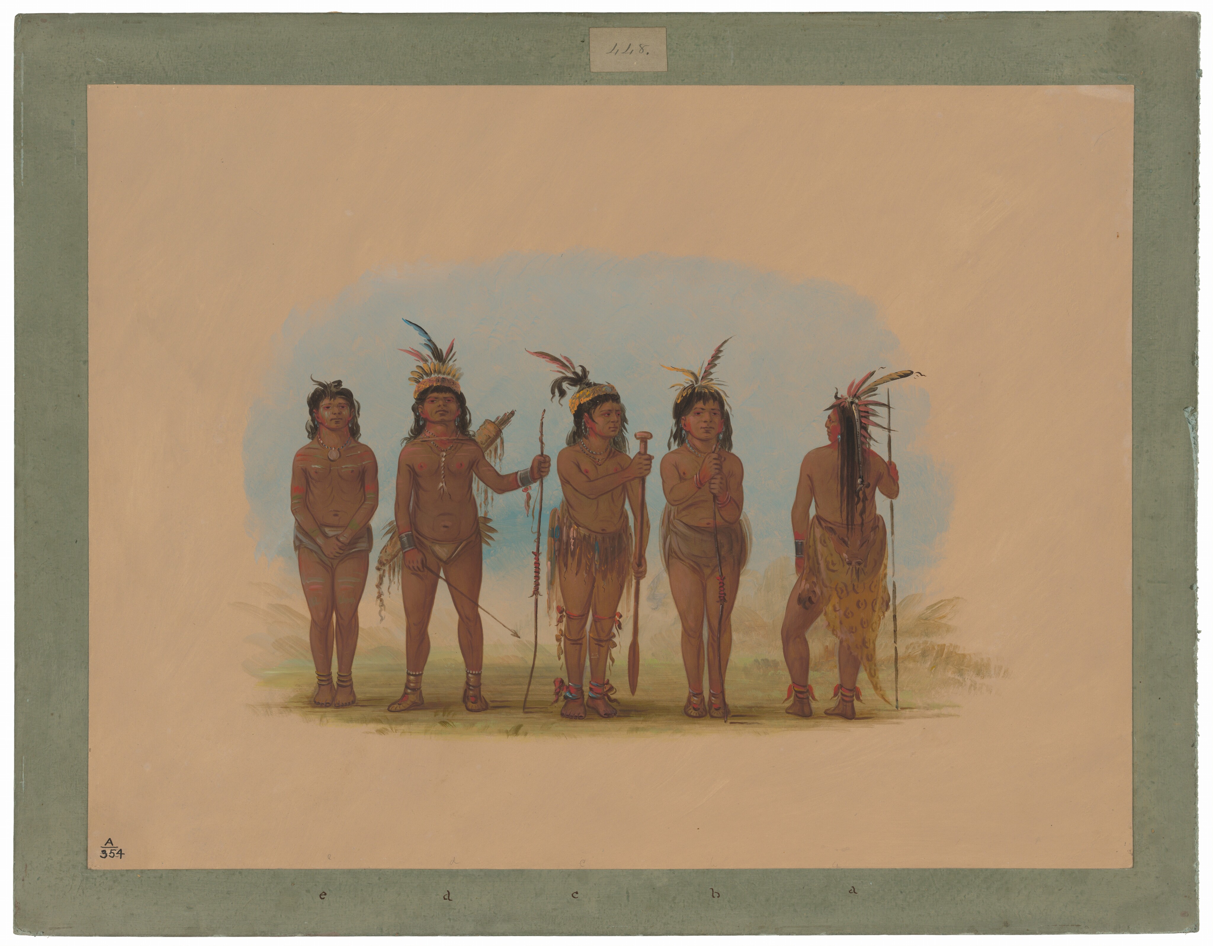The image shows five individuals standing in various positions. They have distinctive facial features, long black hair styled with feathers, and minimal clothing made from animal skins. Some have painted patterns or tattoos on their bodies. They hold objects like spears or staffs adorned with feathers. In the background is a light, neutral-colored backdrop with a hint of blue and sparse vegetation, indicating an outdoor setting.