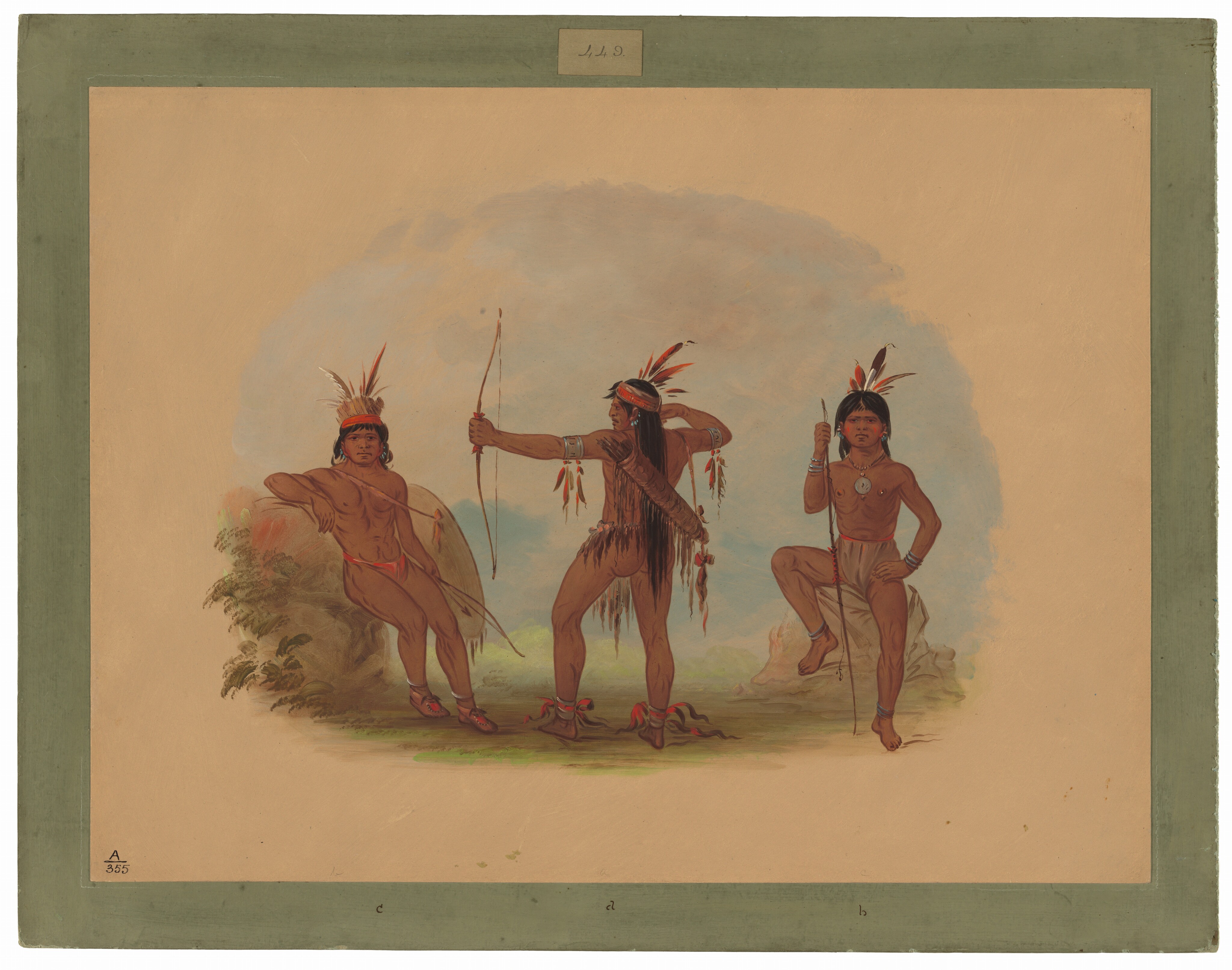 Three individuals are shown in full body in the image. The person on the far left leans against a rocky surface holding a bow, with long, dark hair adorned with feathers and wearing red fabric around their waist. The central figure stands holding a bow, wearing a fringed garment and feathers in their hair. The person on the right poses with one knee raised, holding a spear, with dark hair adorned with feathers and wearing jewelry and light-colored fabric around their waist. The background shows a painted scene with soft brown and green tones, resembling natural terrain with foliage on the left side.