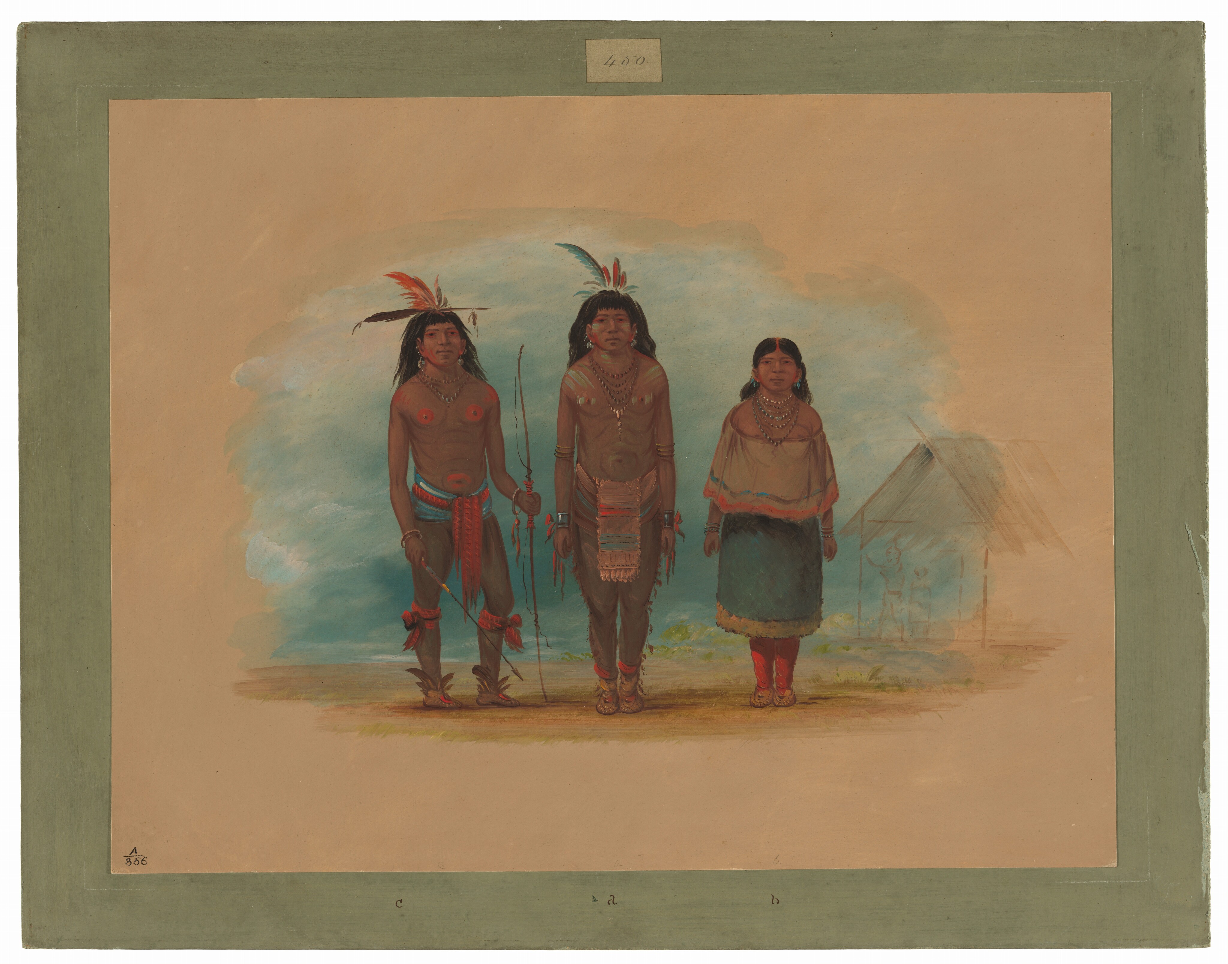 The image shows three individuals standing side by side in full-body view. The two on the left appear to be men with long dark hair, traditional body adornments, and colorful headdresses. One of them holds a bow and arrows. The individual on the right appears to be a woman with long braided hair, wearing necklaces and a patterned shawl. In the background is a structure resembling a traditional dwelling and figures beside it. The ground is grassy, and the background is cloudy on a brown and green canvas.