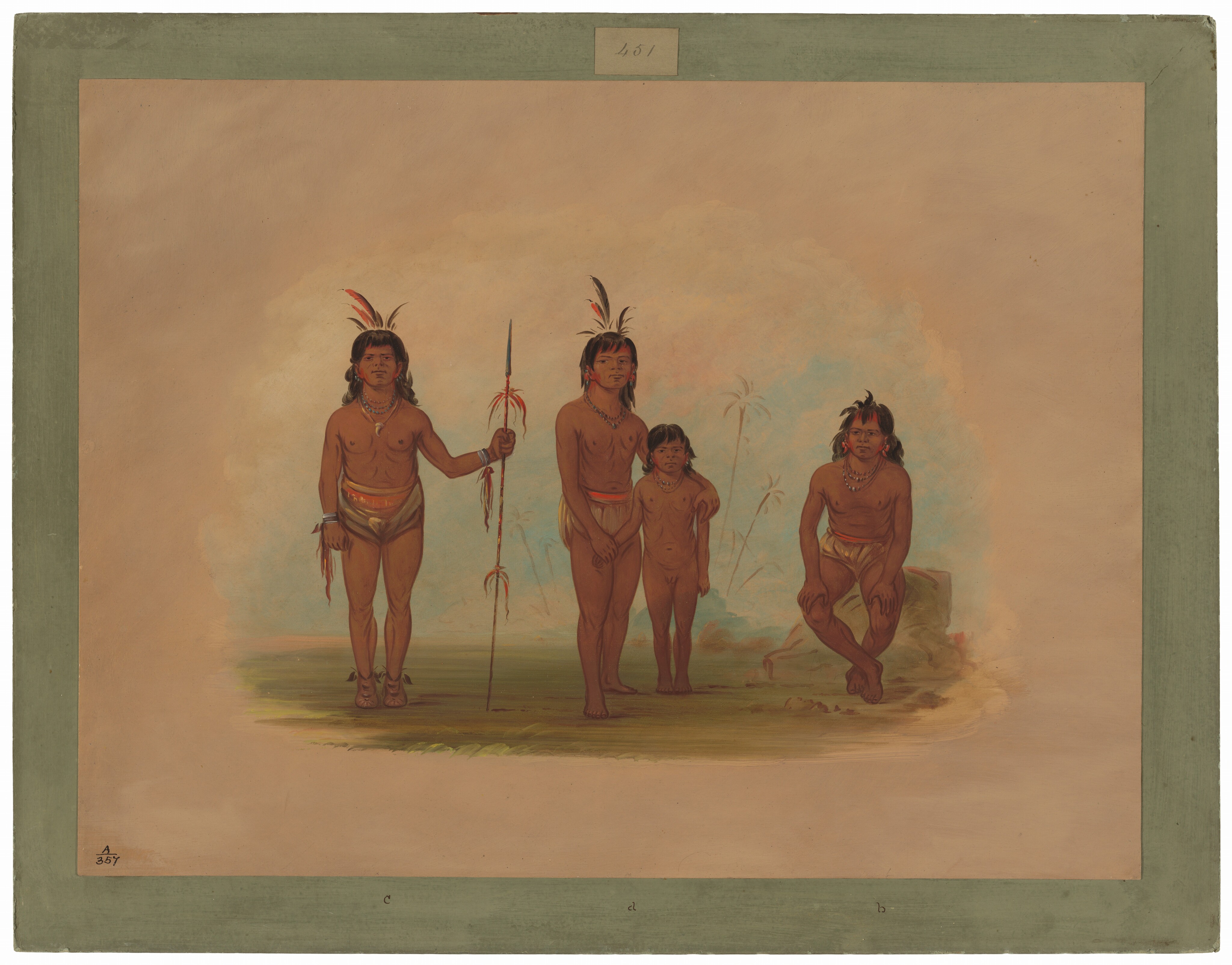 The image depicts four individuals. There are two adults on the left, one holding a spear with feathers, with a child next to them. The adult on the far right is seated or crouching on a rock. All four individuals have dark hair with red and white feathers. They have strong facial features and a similar hairstyle, with shoulder-length hair. They wear minimal clothing - short wraps or cloths. They wear necklaces, and one person has arm ornaments. The background is neutral with subtle earth tones and light foliage. Simple green border frames the image.