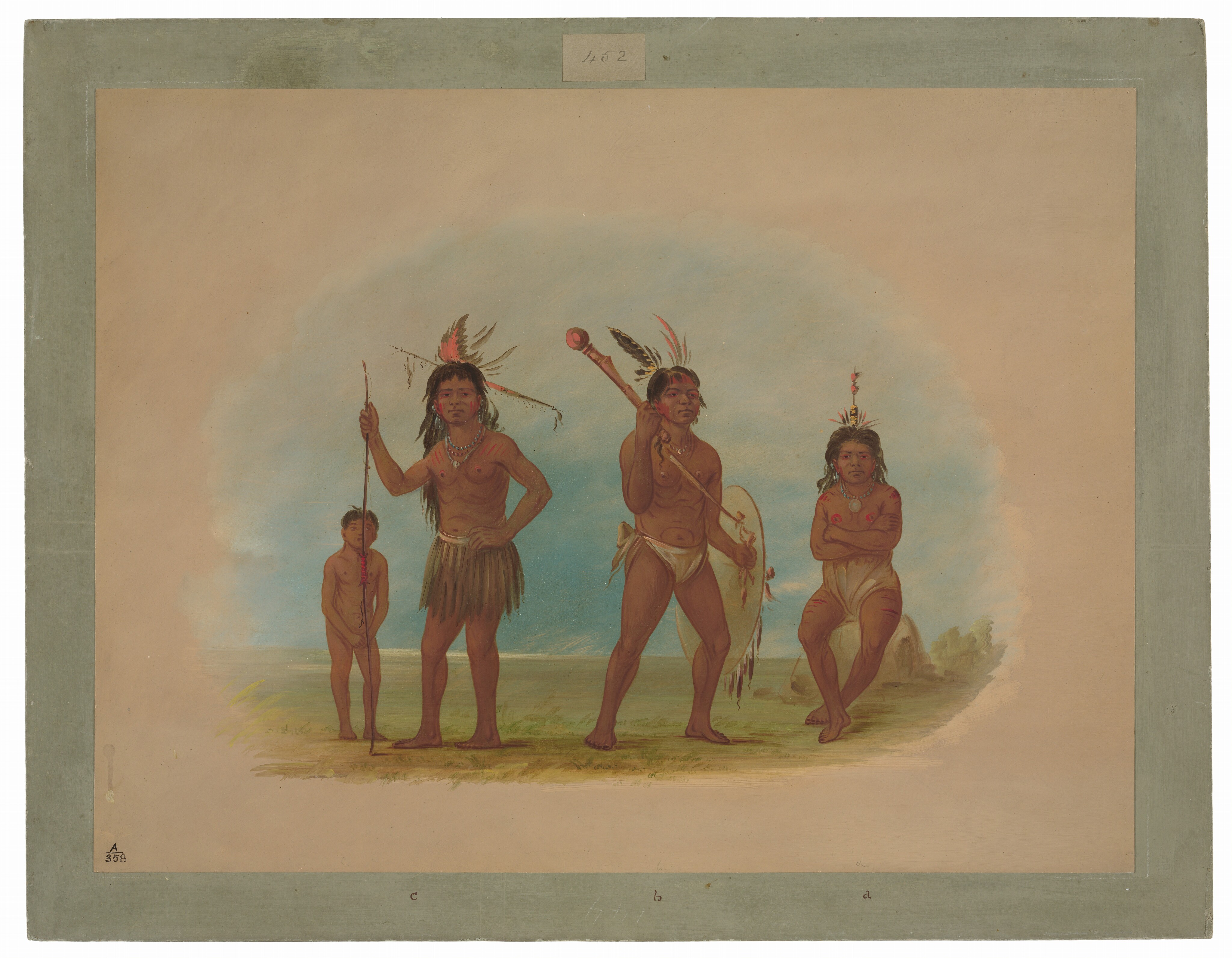 The image shows four individuals - three adults and one child - with their full bodies visible. The child stands on the left holding a stick, while an adult male stands next to him with a spear. Another male figure stands in the center holding a staff and shield, while a female sits on the right. The background features a gradient sky and a grassy landscape.