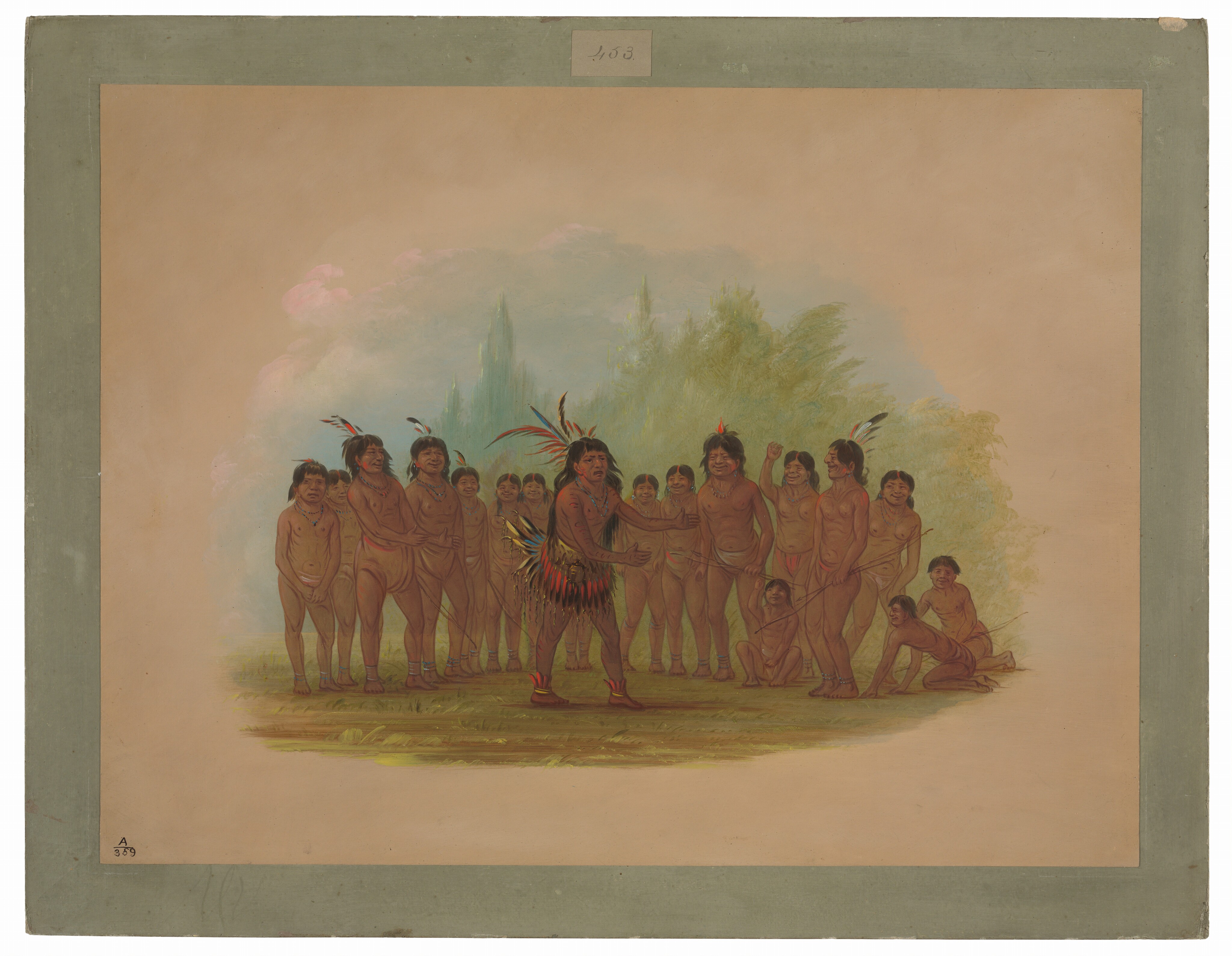 This is a painting of a group of people in a natural setting with a forest background. The scene depicts a circle of figures standing on grass, surrounded by lush greenery and a sky with soft cloud formations. Most of the individuals are adorned with distinctive headwear featuring colorful feathers. The central figure stands slightly apart from the group, with a more elaborate headdress and additional body adornments. This is in the style of George Catlin, known for his detailed and vivid portrayals of Native American life and culture during the 19th century. The setting conveys a sense of community and cultural expression, set against a serene and harmonious natural backdrop.