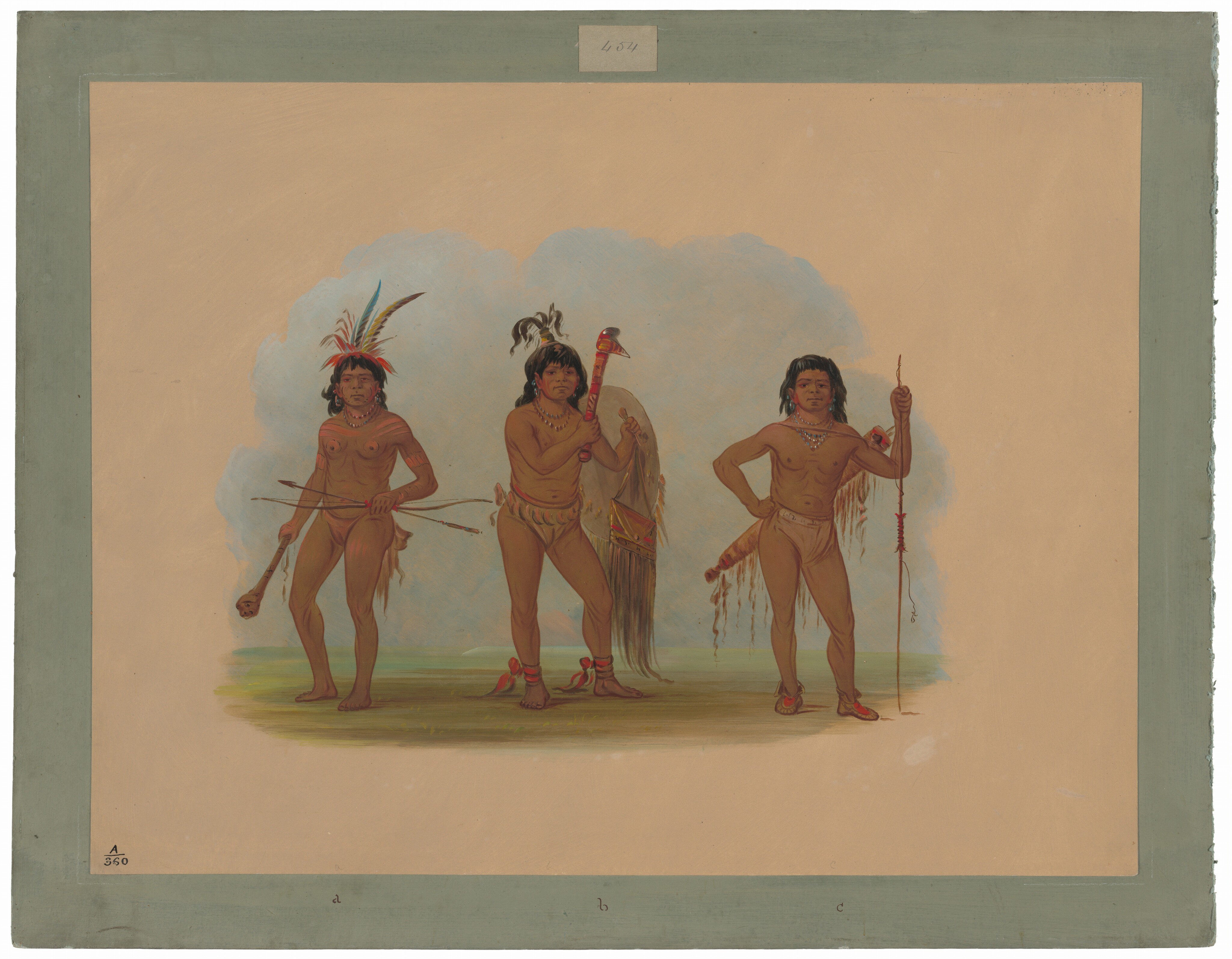 The image shows three individuals standing side by side. The person on the left holds a wooden object and a long bow. They have shoulder-length dark hair with colorful feathers, a necklace, and minimal clothing. The person in the middle holds a large ceremonial staff, has shoulder-length dark hair with feathers, a beaded necklace, and a loincloth. The person on the right holds a long spear, has similar hair, and wears a necklace and a loincloth. They are all barefoot. The background is simple with soft blue and brown tones, and the ground appears grassy. The frame has a muted green border.