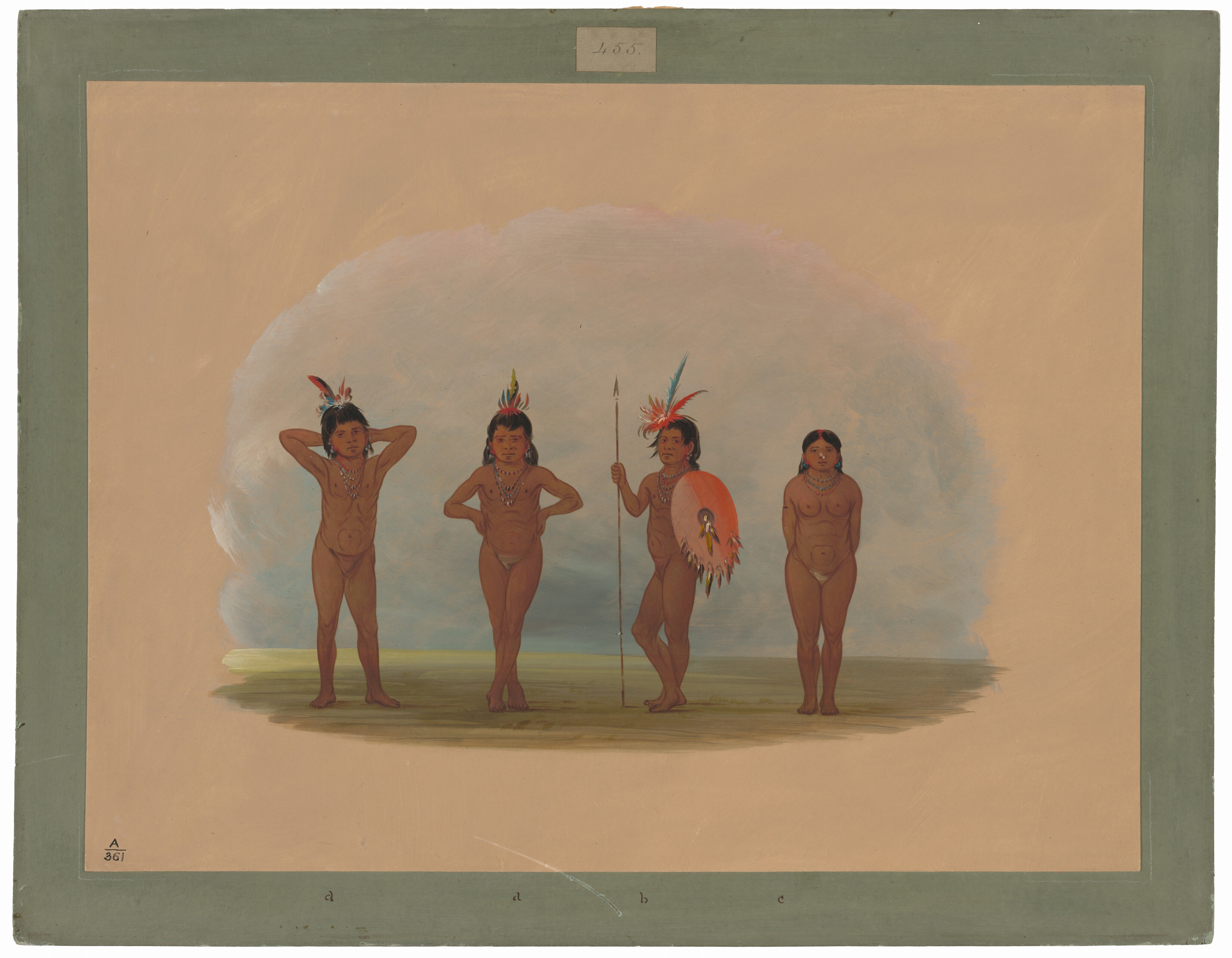 The image shows four individuals standing next to each other. The first person has short dark hair and raised arms, the second person has short dark hair and arms akimbo. The third person holds a shield and spear, and wears a feathered headdress. The fourth person has arms resting at their front. The background has a blue-gray cloud-like form that fades into light tan with a greenish tint around the edges.