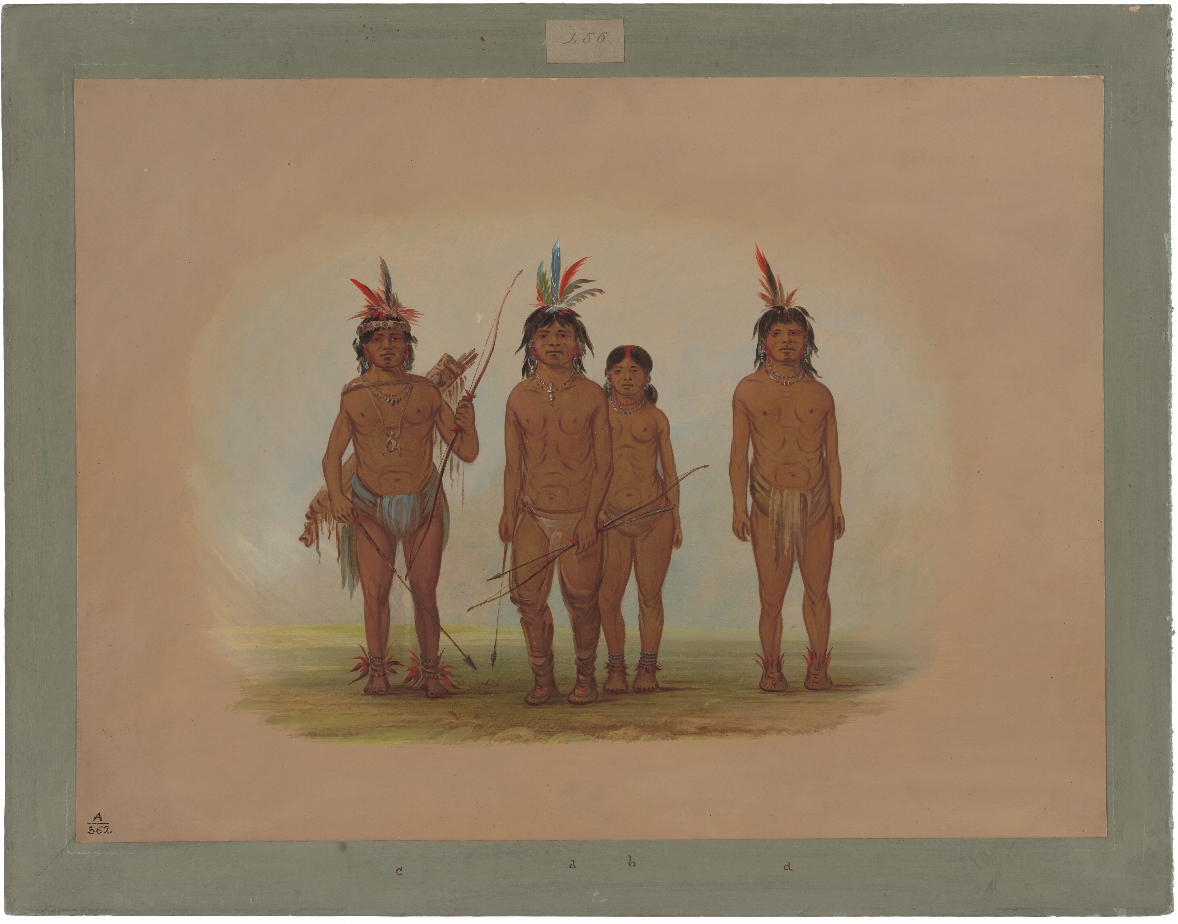 The image depicts four people shown from head to toe standing side by side. The individuals appear to be standing upright with their arms resting naturally at their sides or holding objects. The people have long dark hair adorned with colorful feathers. Their facial features are distinct with prominent cheekbones and eyes. They are minimally clothed, wearing loincloths with various decorative adornments. The two individuals on the left hold bows, and one also holds an axe. They wear necklaces and some have arm and leg bands. The man second from the left also has a bow and an arrow in his left hand. The background is a simple gradient of earthy tones with a subtle suggestion of grass under their feet. The image is framed by a thick grey-green border.