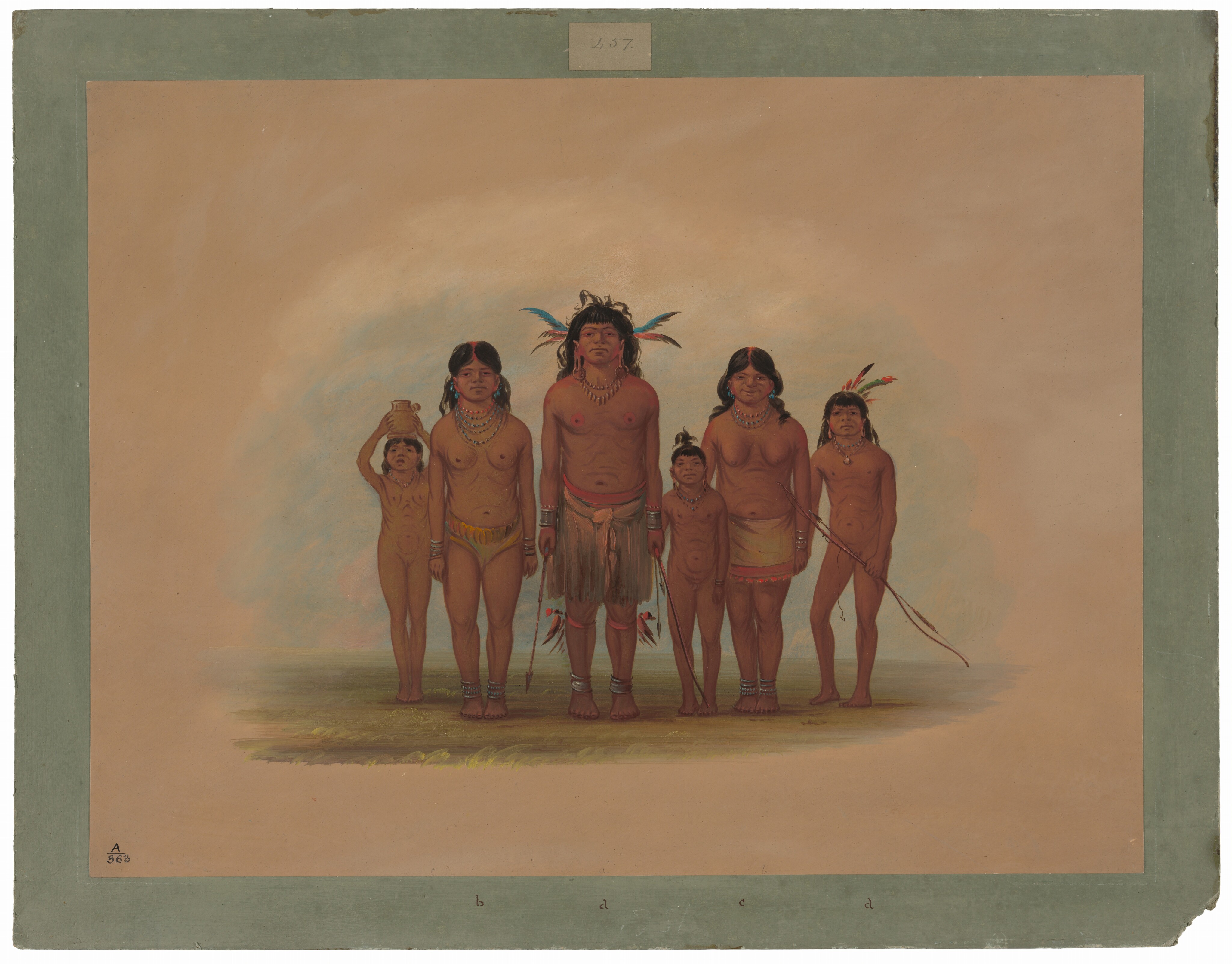 The image displays six individuals standing in a row against a plain background. The central figure is a man with dark hair adorned with feathers and shells, wearing a necklace and a fringed skirt. Flanking him are two women with long dark hair, one holding a pot on her head. Two young children stand between them, wearing similar attire. On the far right stands a young boy with feathers in his hair, holding a bow. The background is plain with a muted teal border.