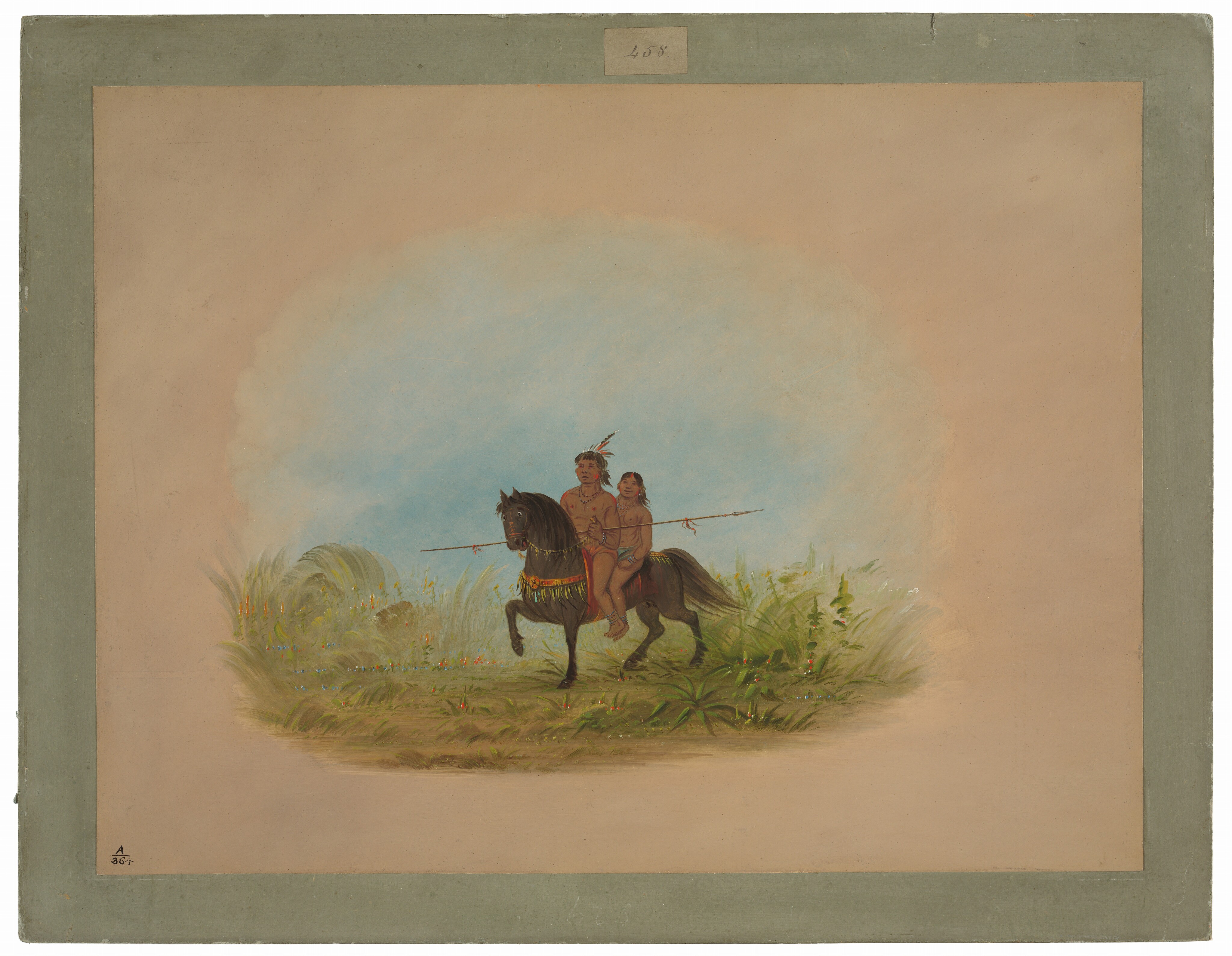 The image shows two individuals riding a dark-colored horse. Both are sitting upright and facing forward. The person at the front has well-defined facial features, including dark eyes and mouth, and has hair adorned with feathers. They are dressed in minimal clothing and are holding a lance. The individual seated behind appears to have straight dark hair and similar minimal clothing. The surroundings feature tall grass with various small flowers, against a softly painted background that transitions from blue sky to muted earth tones. The composition is bordered by a light gray-green frame.