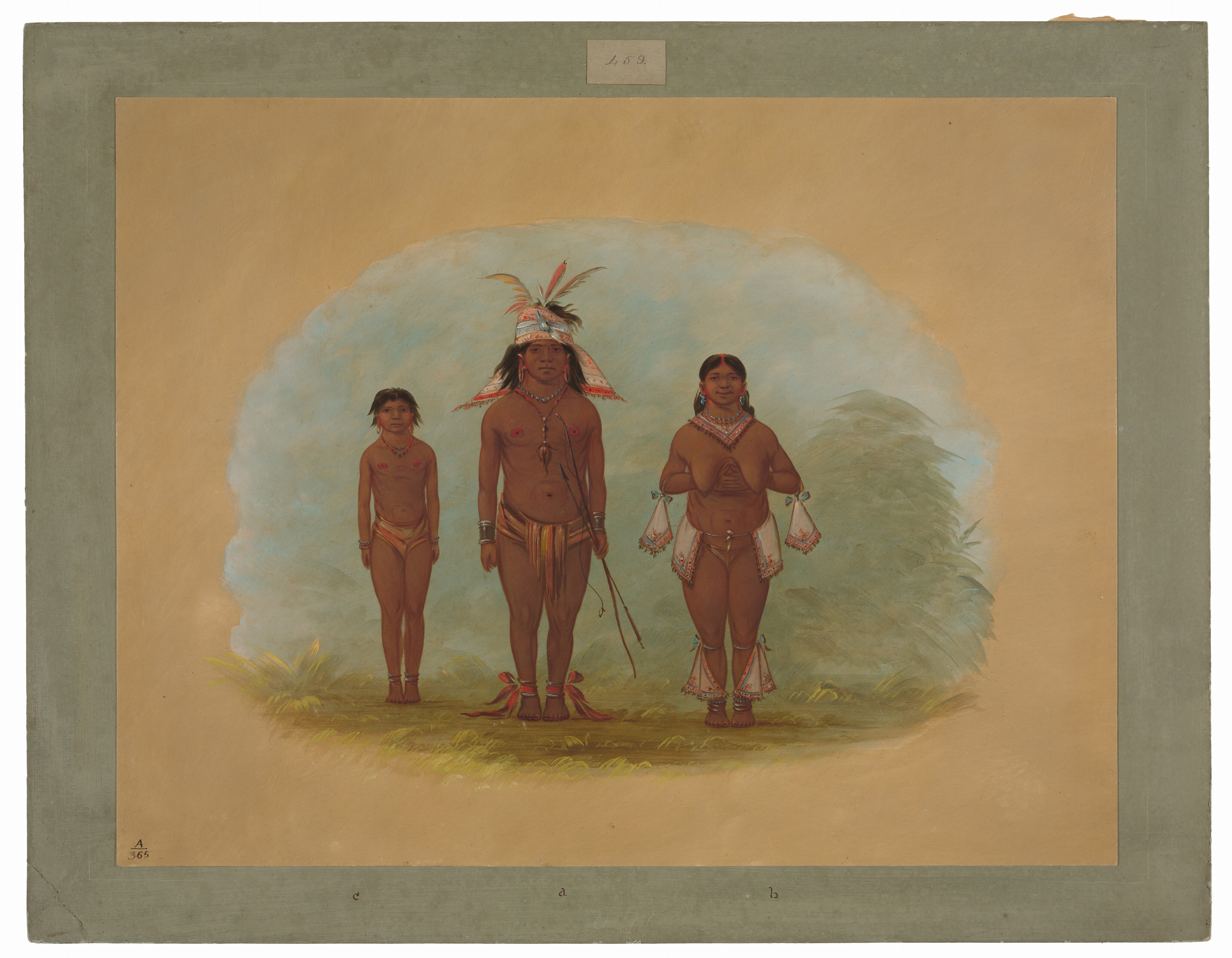 The image presents a depiction of three individuals standing next to each other. The middle person has medium-length dark hair, a tall feathered headdress, distinctive facial features, painted chest designs, a waist covering, necklaces, bracelets, and an arm band. To the left, a young figure with dark hair and facial markings is wearing minimal clothing with painted chest designs and bracelets. On the right, another person with medium-length dark hair, feathered earrings, and an elaborately beaded top is wearing arm and ankle decorations, along with a patterned waist covering. The background shows a softly painted, abstract outdoor landscape with green foliage and a neutral sky, framed in muted tones.