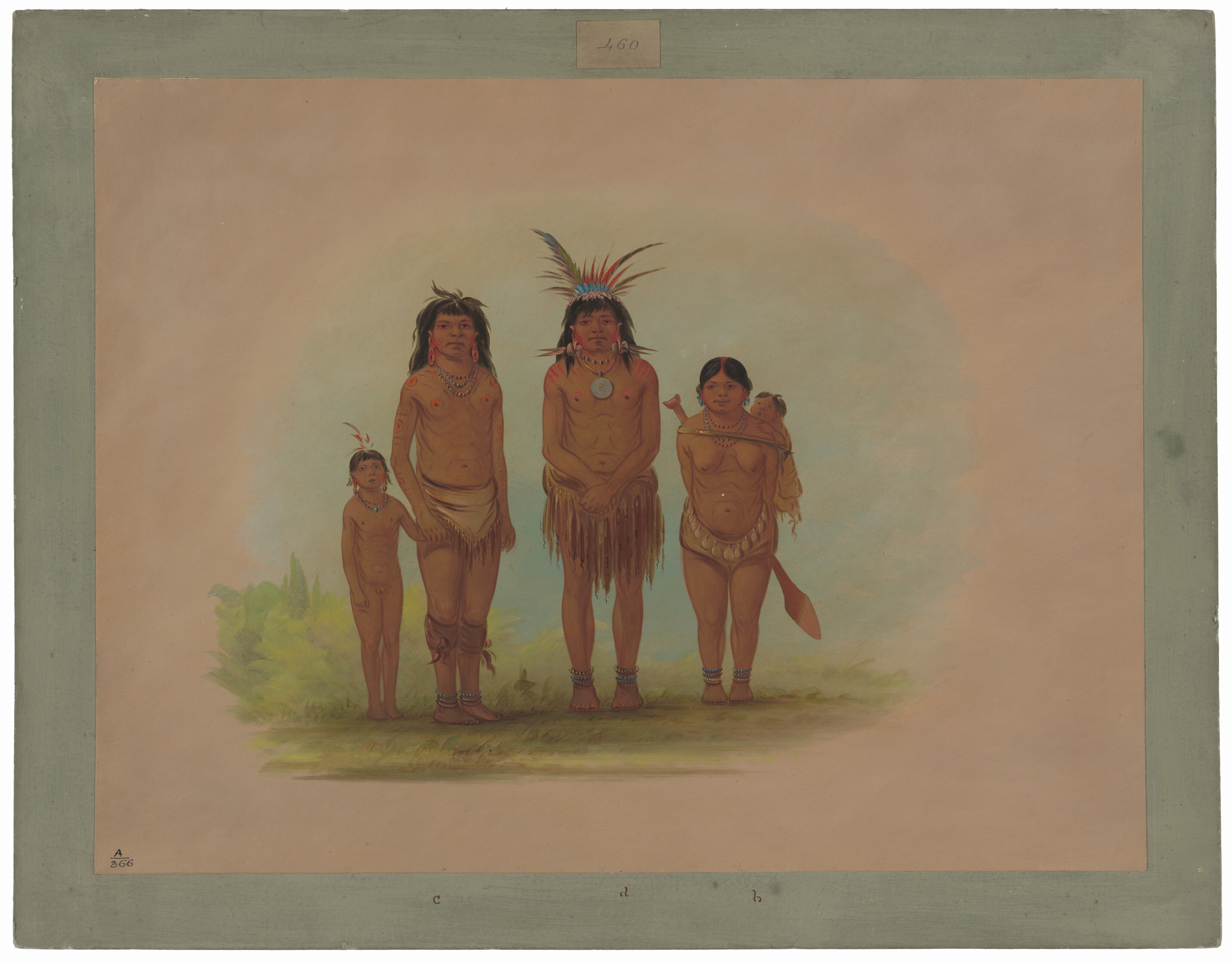 The image shows four people in traditional clothing standing in a line. The child is on the far left, and the adults wear decorative hair accessories. They are adorned with jewelry and the woman carries a baby on her back. The background displays a soft green landscape.
