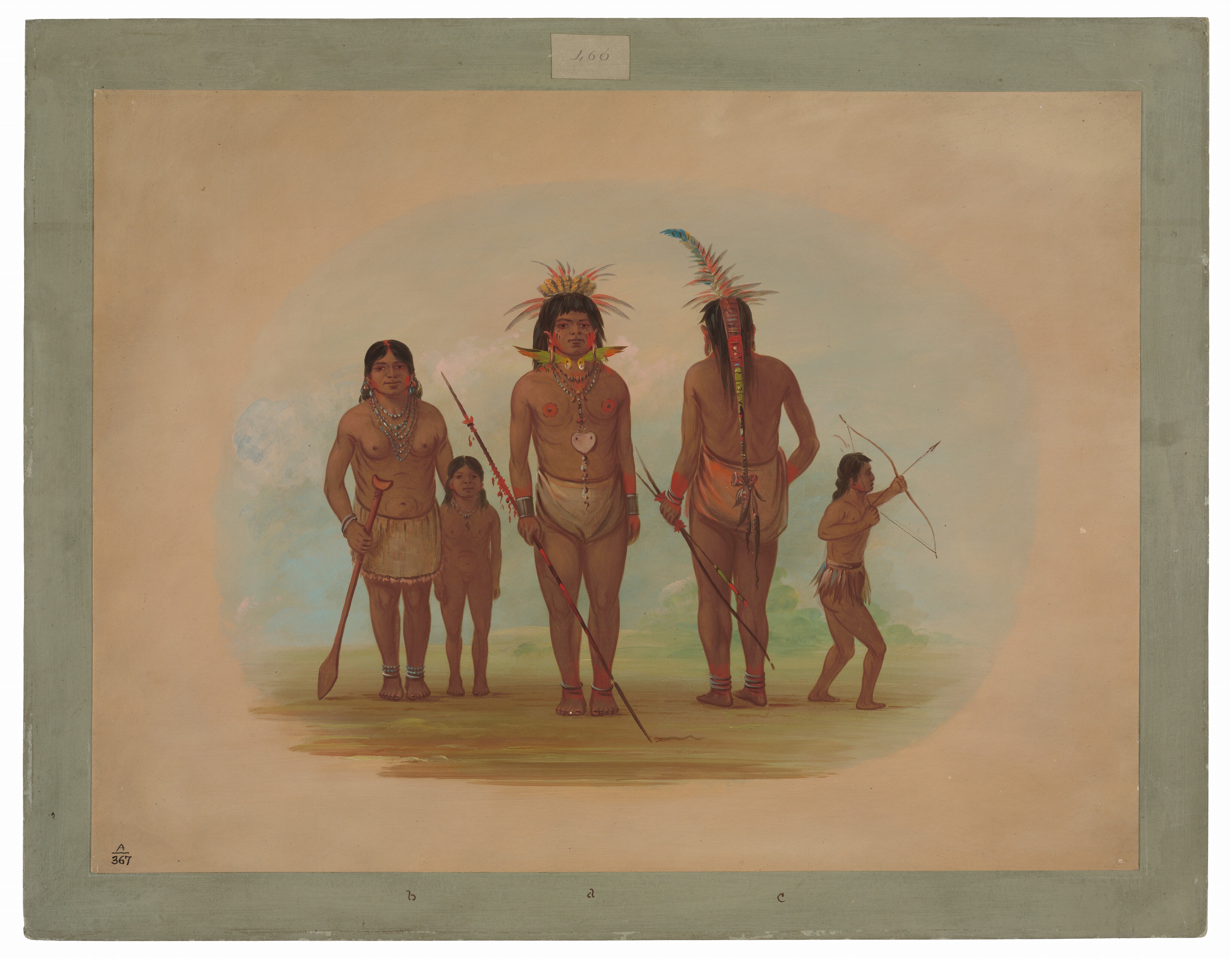 The image shows five individuals standing closely together. In the center, a male figure stands with a tall feather headdress, facial paint, and necklaces. To his left, a shorter male figure stands, wearing a similar headdress and facial paint. The figure to his right is a young male child wearing a necklace and decorated bands. To the left of this group is a woman holding a paddle-like object. On the far right, a crouched young child is holding a bow with an arrow poised to shoot. The background is a soft blur of earthy and pastel shades.