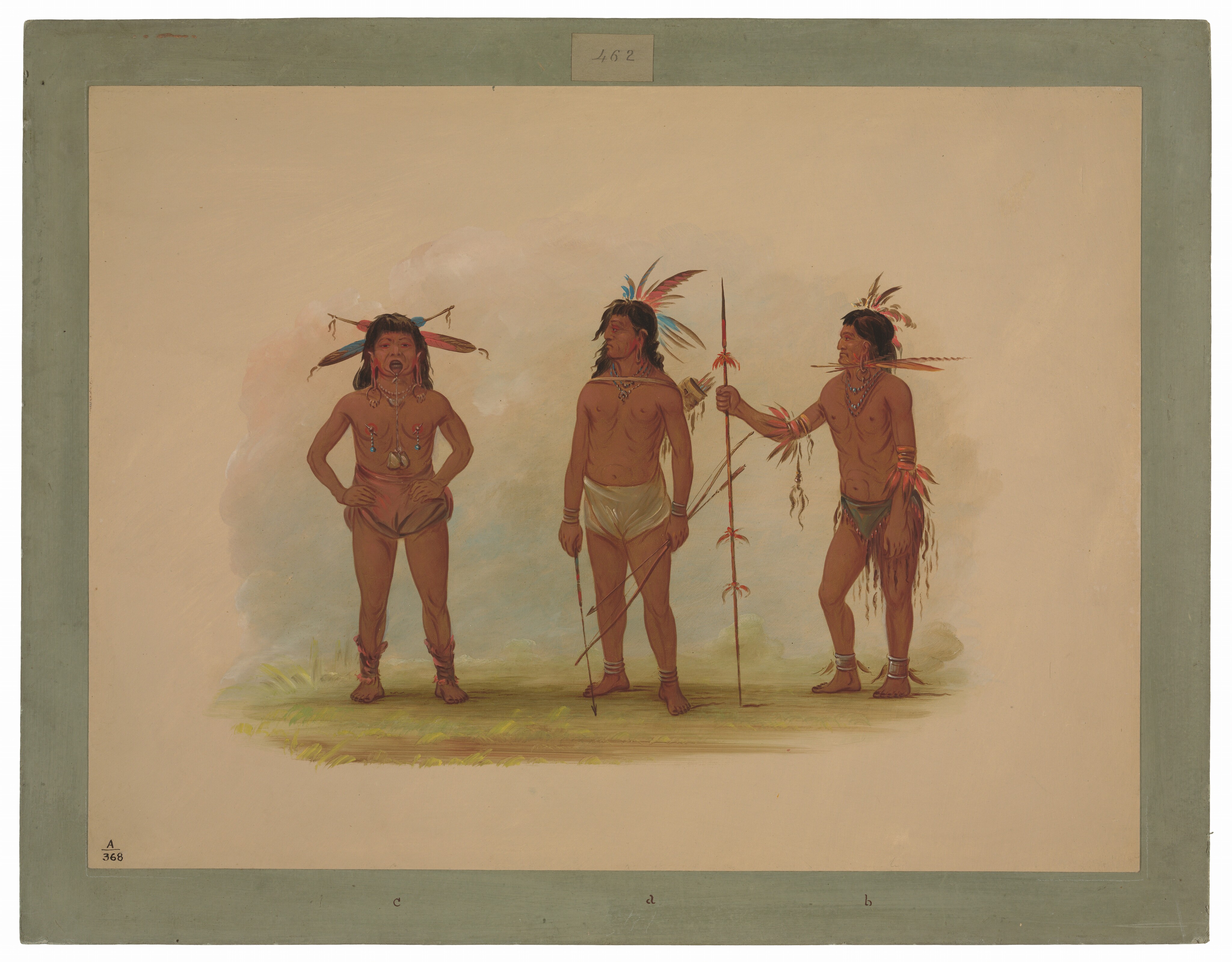 The image shows three individuals standing in a row. Each person has shoulder-length dark hair with colorful feathers. They wear minimal clothing and jewelry. One person holds a feathered spear, while the others have decorative adornments. The background is a light-colored sky with subtle cloud patterns near the bottom, suggesting an outdoor setting with grass under their feet.