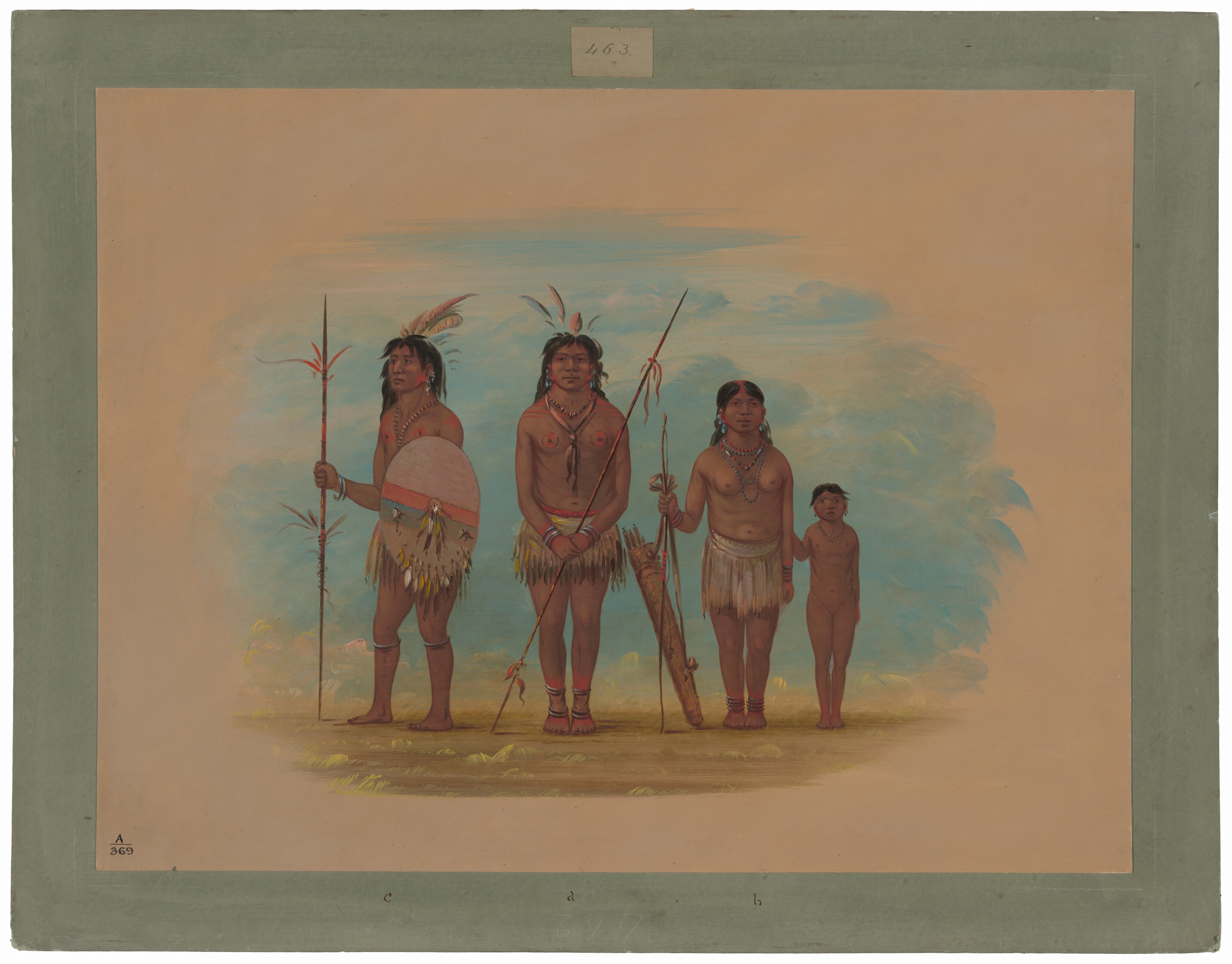 The image features four individuals standing in a row. The two adult males on the left hold spears. They have long black hair with feathers and wear grass skirts. The first male wears a shield and the second carries a bow and quiver. Beside the second male stands a woman with a bare torso wearing necklaces and bracelets. The woman also wears a short skirt and has decorated hair. A young child stands next to the woman, unclothed with short hair. The background shows a serene setting with clouds in blue tones and a green border.
